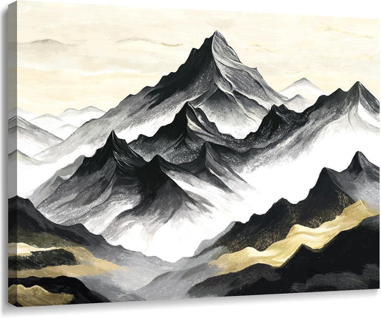 amatop Black and White Mountain Wall Art – Minimalist Modern Landscape Canvas Print Nature Scene Picture Bathroom Bedroom Office Wall Decor, Small Tranquil Misty Hills Zen Artwork for men, 16x12 Inch