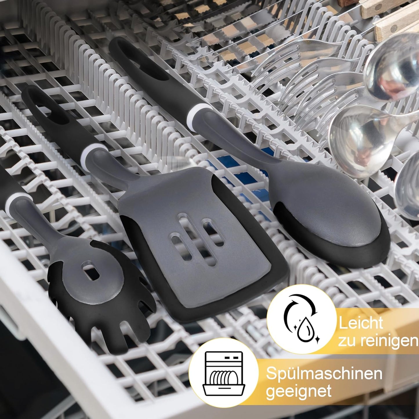 6-Piece Silicone Kitchen Utensil Set with Rotating Stand, Non-Stick, Heat-Resistant (400°F), Nylon Handle, Cooking Spatula Set for Baking & Cooking, Light Gray