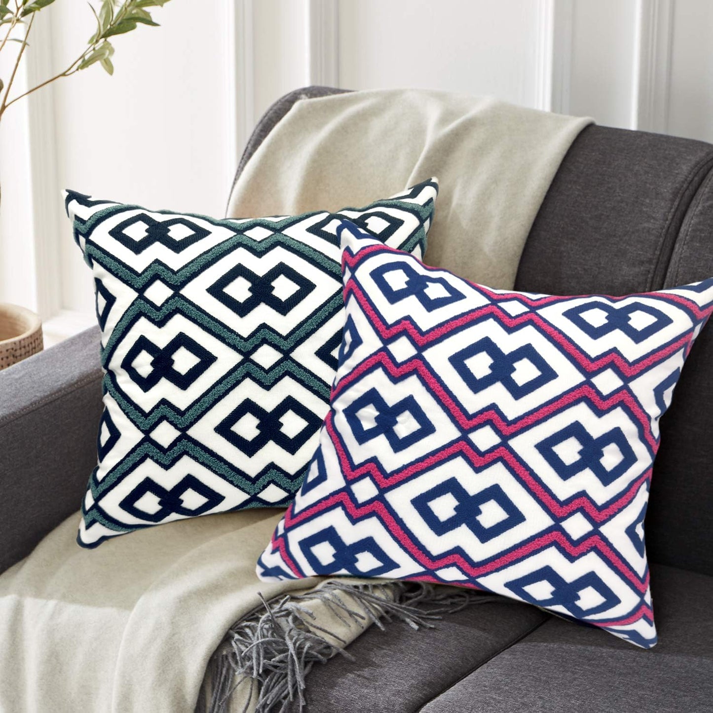 Alysheer Embroidered Decorative Throw Pillow Cover 18"x 18" Set of 2, Classic Boho Geometric Embroidery Pattern Cotton Rectangular Cushion Case for Sofa Couch Living Room Bedroom (Blue Pink)