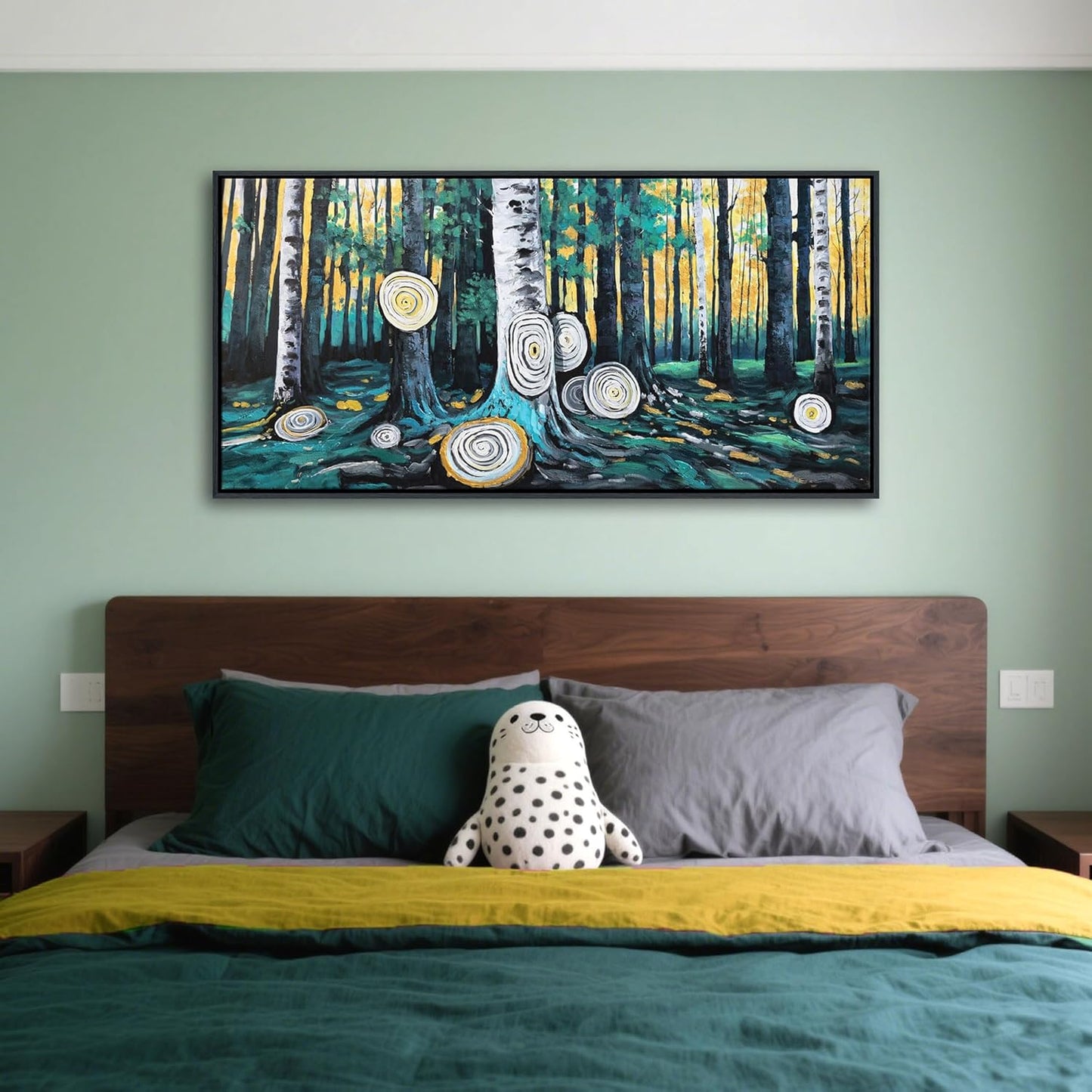 QZQCBLC Large Canvas Wall Art - Gray Green Yellow Forest Paintings Artwork Abstract Tree Ring Landscape Pictures for Living room Bedroom kitchen Home Office Decor 24"X48"