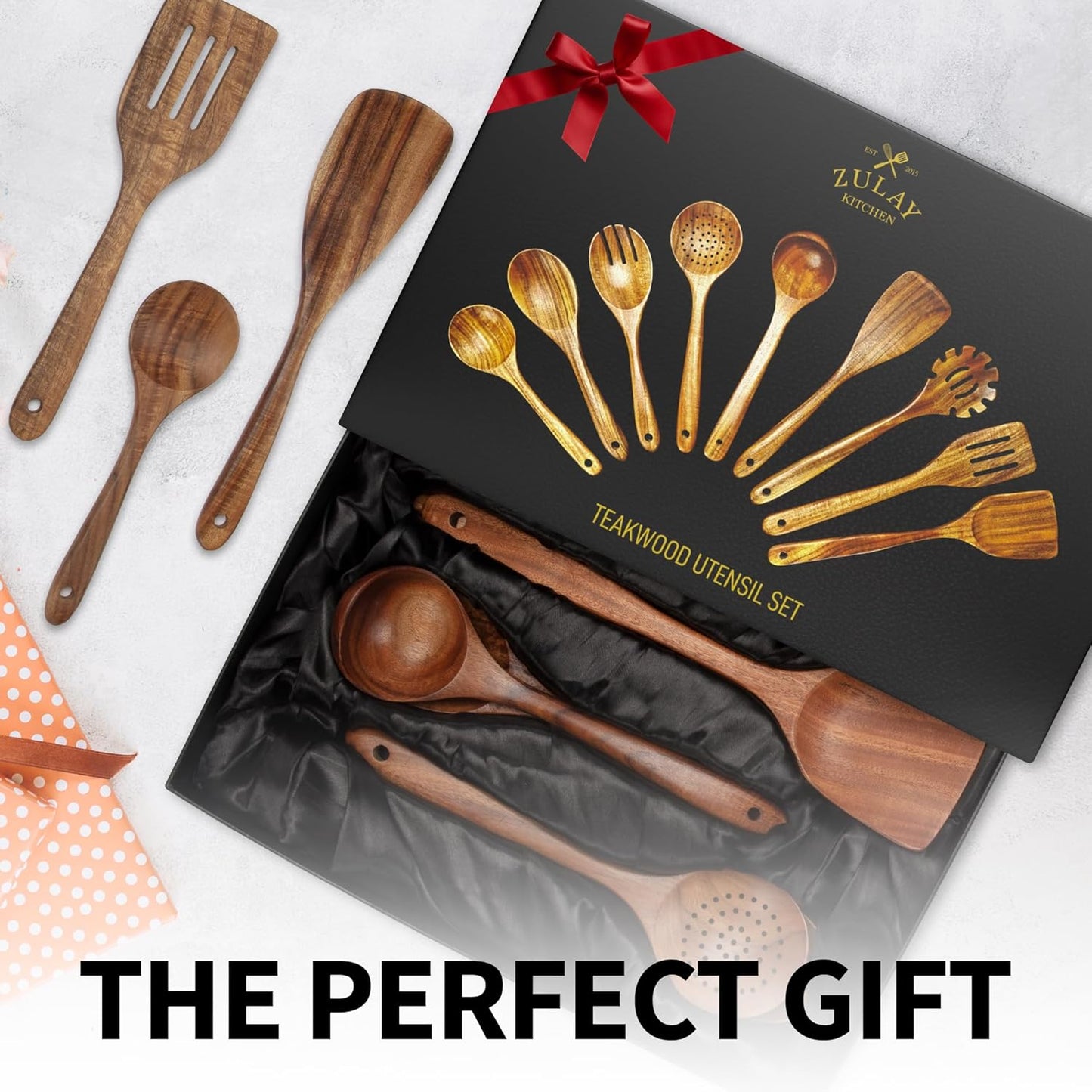 Zulay Kitchen 9-Piece Teak Wooden Utensils for Cooking - Natural Teak Utensil Set with Premium Gift Box - Non-Stick Wooden Spoons for Cooking - Kitchen Gift Set - Comfortable Grip Wooden Utensil Set
