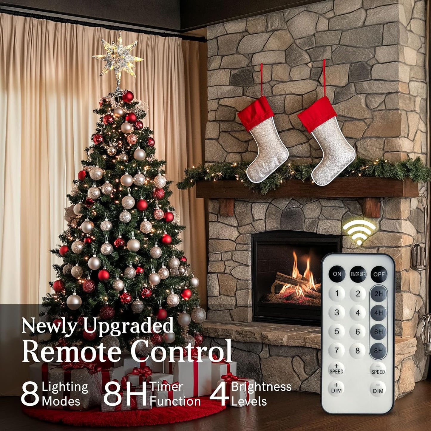 Christmas Star Tree Topper Silver, 3D Geometric Star Decorative Tree Topper with Warm White 50 LED Light Beads for Home Holiday Xmas Tradition Moravian Decor, Timer Function 5m Cable