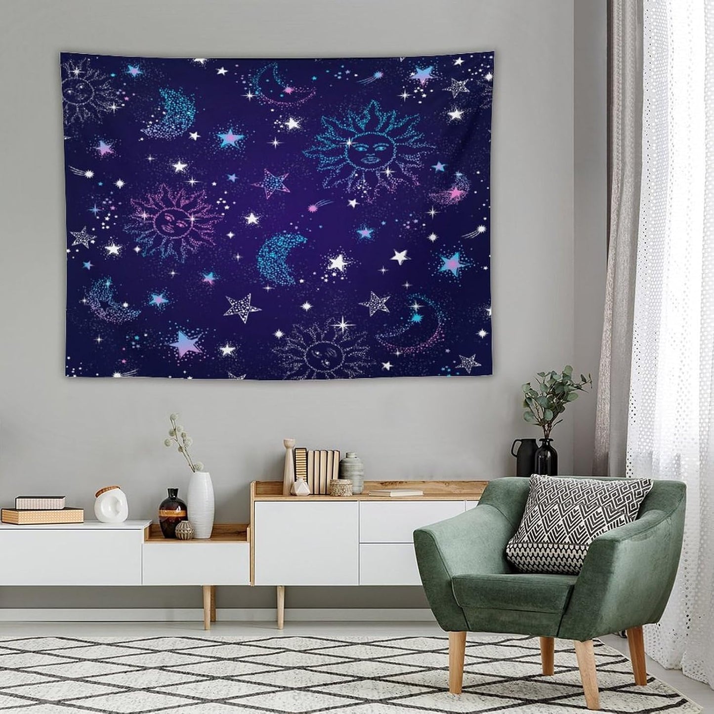 HZOHNAGO Boho Sun Moon Tapestry Purple Blue Sun Stars Galaxy Pattern Printed Wall Tapestry Wall Hanging for Bedroom Living Room Dorm 80" W x 60" H