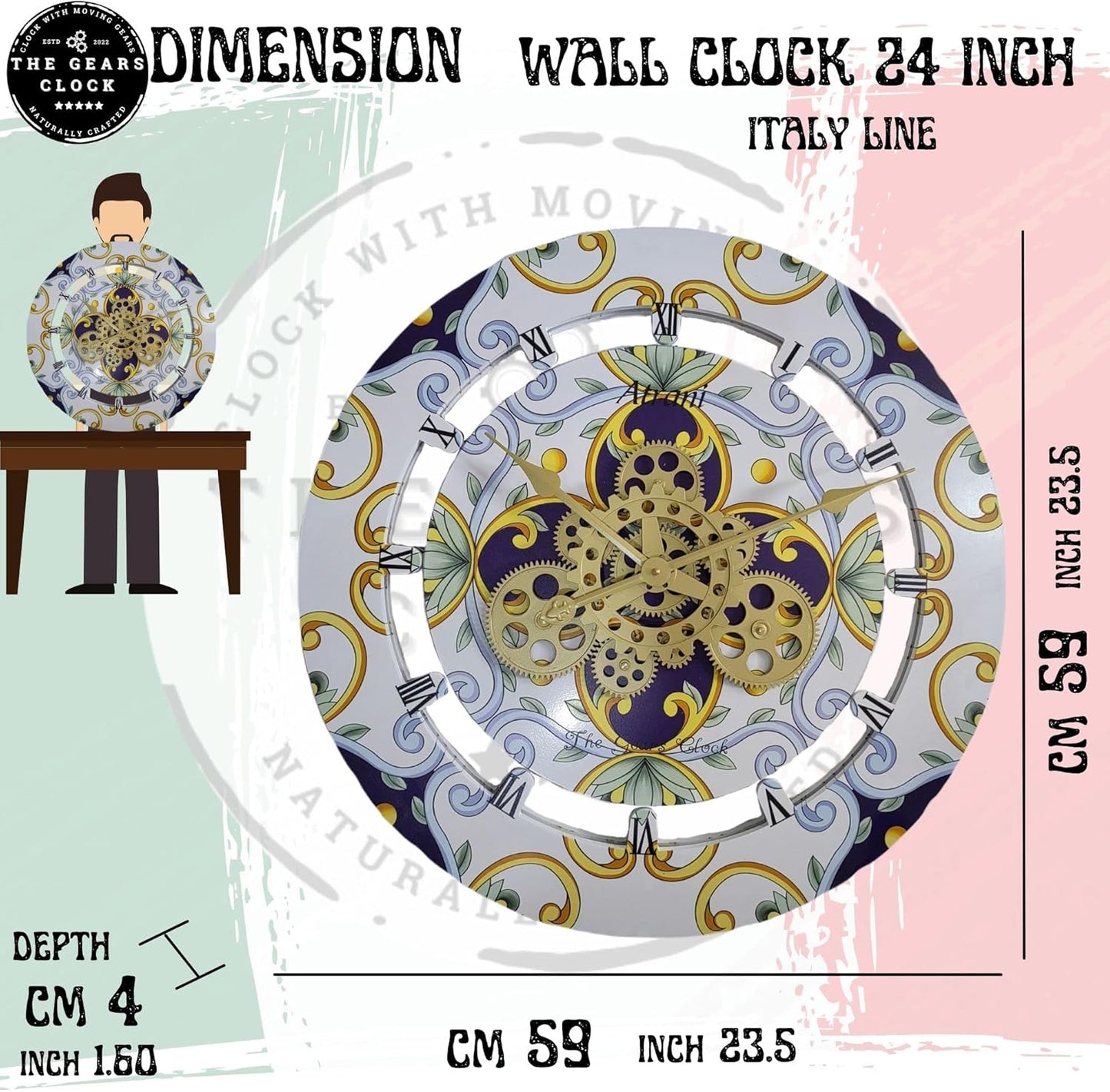 The Gears Clock Wall Clock Italy Collection with Moving Gears (Tramonti, 24 inch Round)