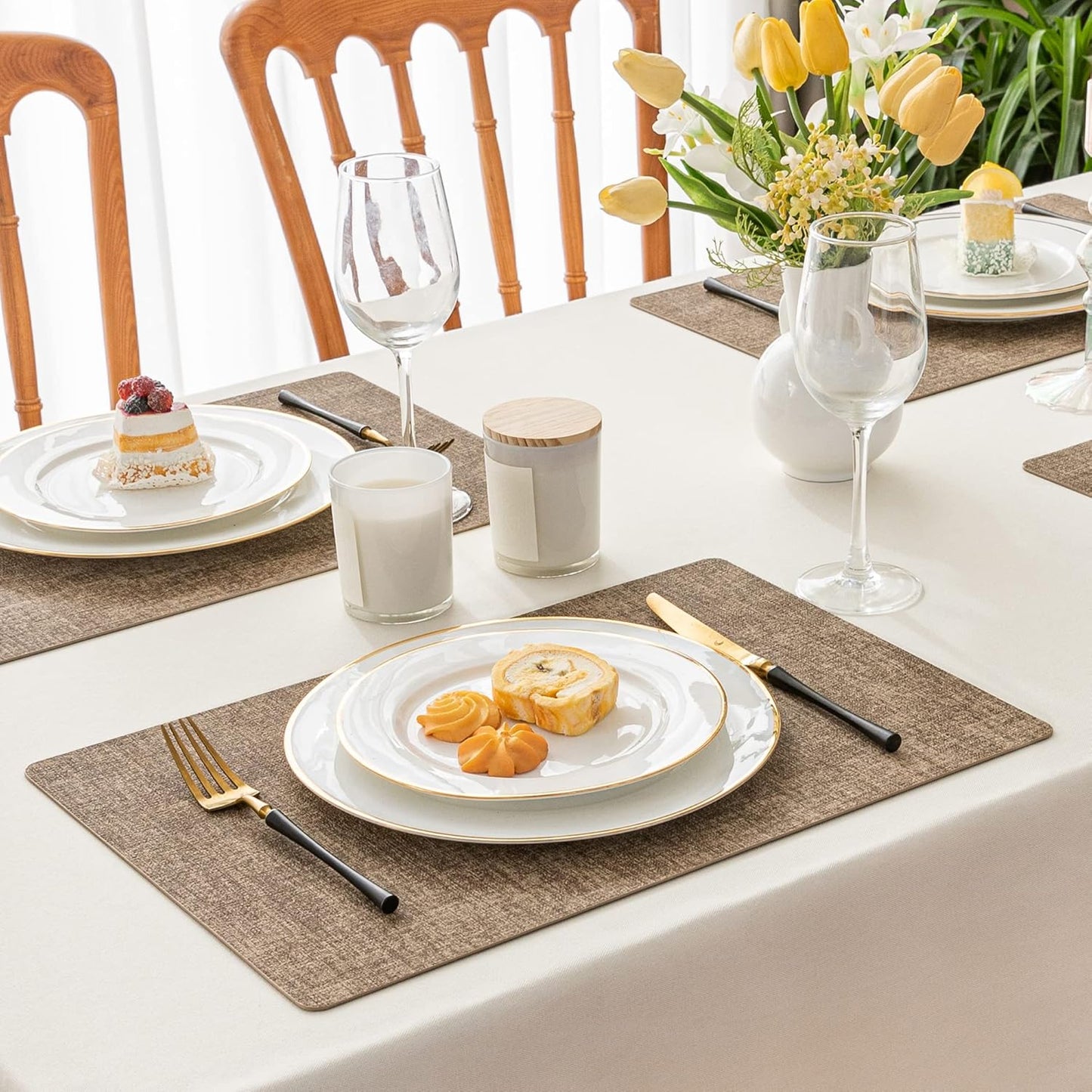 Romanstile Vinyl Placemats Set of 12-12 X 18 Inch - Heat Resistant Place Mats 100% Waterproof Oilproof Wipeable Reversible Faux Leather Table Mats for Kitchen/Dining/Party/Outdoor, Coffee