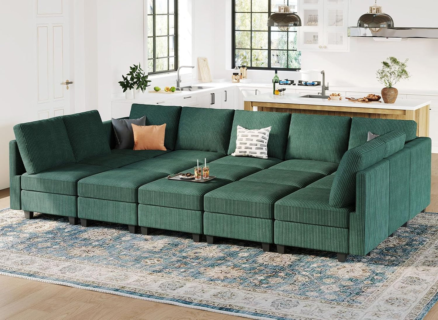 Belffin Large 15 Seat Modular Sectional Sofa with Storage Seat Corduroy Sleeper Sectional Sofa Bed Oversized Convertible Modular Couch for Living Room Green