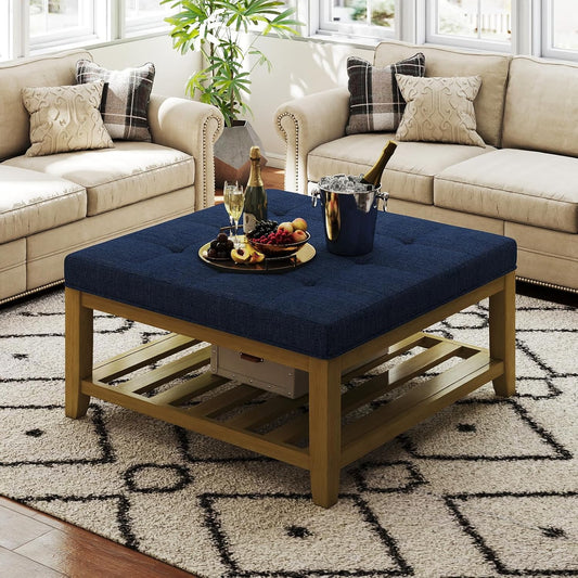 Large Square Ottoman Coffee Table, Linen Solid Upholstered Footrest Ottoman with Solid Wood Shelf Storage Tufted Coffee Table for Bedroom Living Room, Navy Blue
