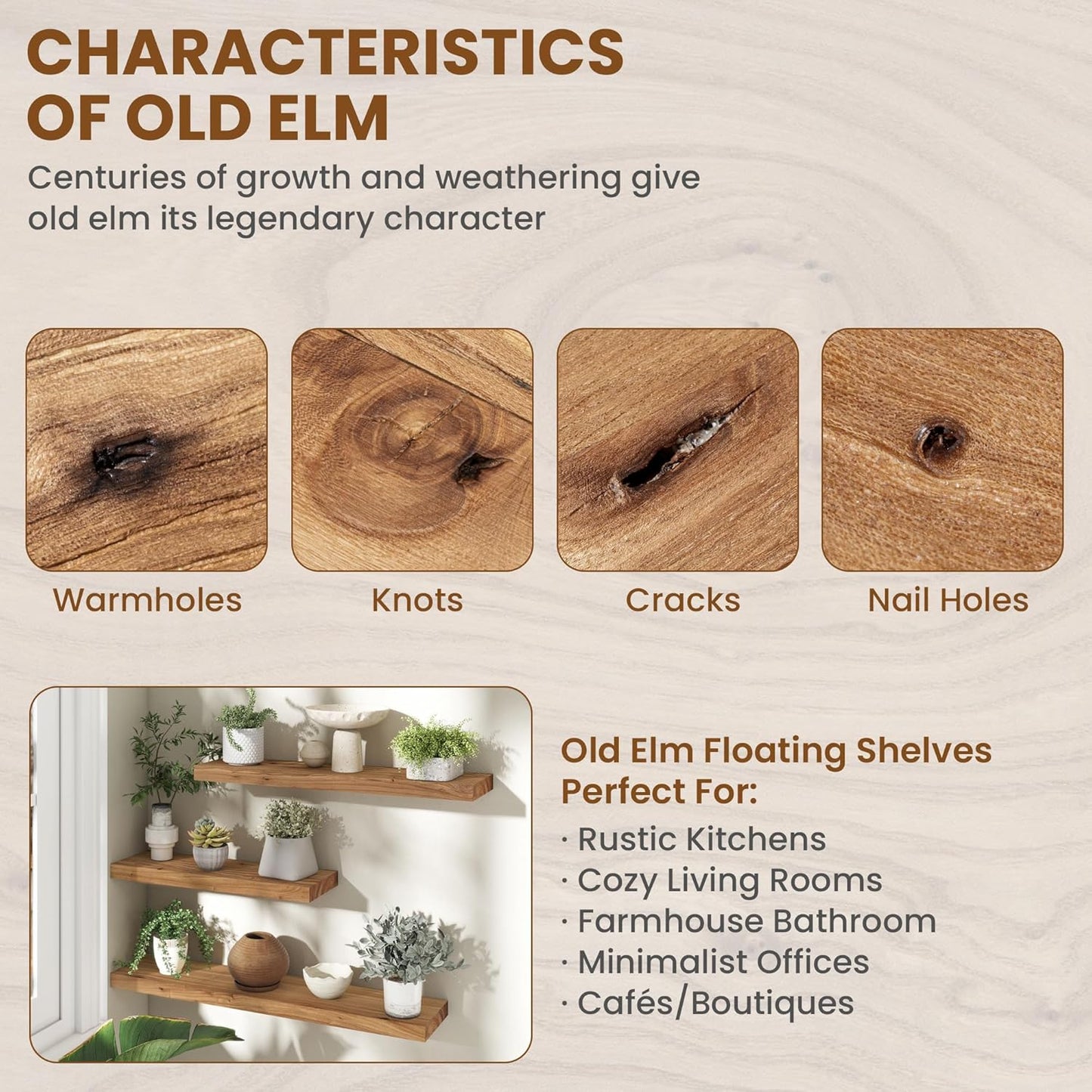 36 Inch Floating Shelves for Wall, Rustic Elm Wood Shelf for Home Decor, Heavy-Duty Wooden Floating Shelves for Kitchen, Wall Mounted Storage Shelves for Bathtoom, Living Room, Natural Color, Set of 2