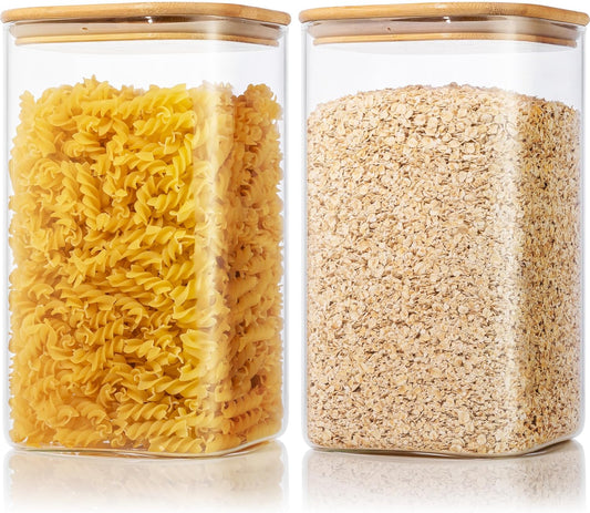 Extra Large Square Glass Flour & Sugar Storage Containers with Airtight Lids, 168oz 2 Pack Glass Jars with Bamboo Lids, Air tight Pantry Food Storage Containers for Cereal, Pasta, Rice Organizers