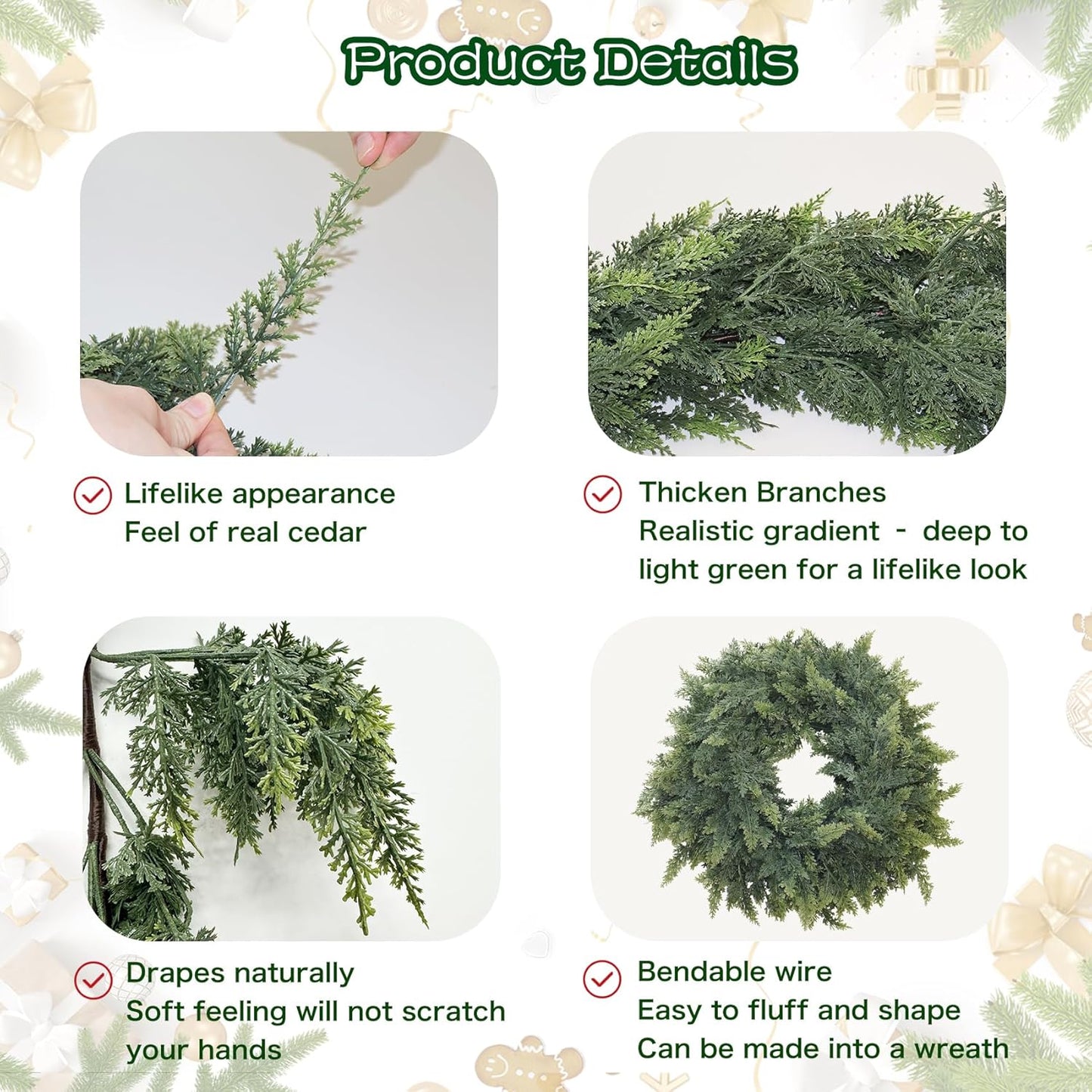 Christmas Cedar Garland Artificial Real Touch Thickness Realistic Greenery Pine Garland for Mantle Fireplace Outdoor Indoor Christmas Decorations 6FT