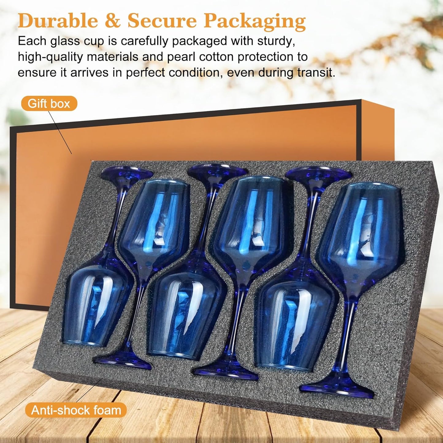 Blue Wine Glasses Set of 6-12oz Blue Long Stem Wine Glass Cups, Pretty Crystal Glassware, Hand Blown Goblets Drinkware, Unique Drinking Stemware Holiday Gift Set