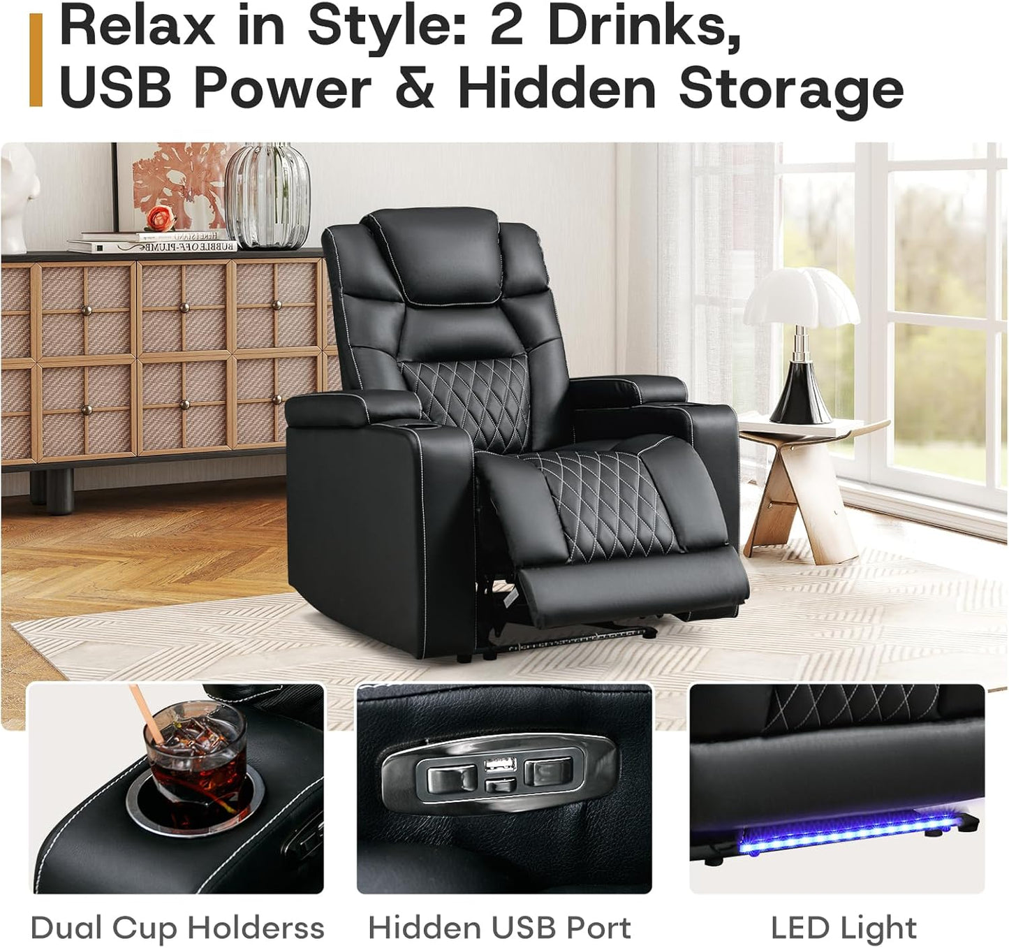 ANJ Power Home Theater Recliner Chair Set of 3, Electric Movie Theater Seating Reclining Chairs with Cup Holders for Living Room, Faux Leather with Blue LED, USB Ports, Hidden Arm Storage (Black)