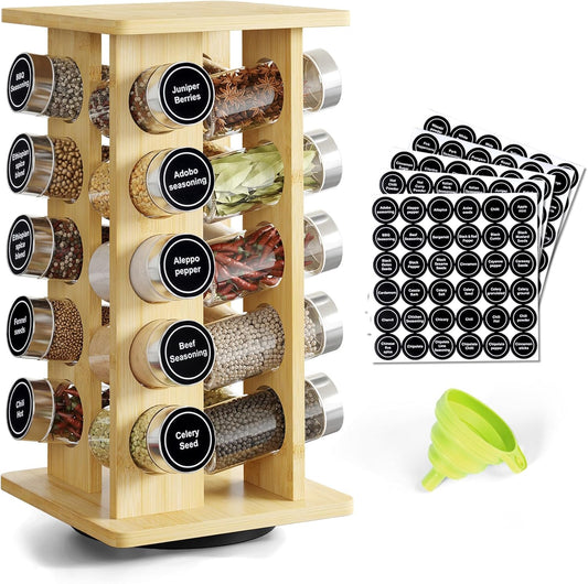 WelFurGeer Bamboo Spice Rack Organizer for Countertop, Revolving Spice Shelf with 20 Glass Jars, Lids & Labels, Desktop Rotating Seasoning Organizer for Kitchens, Space-Saving Design