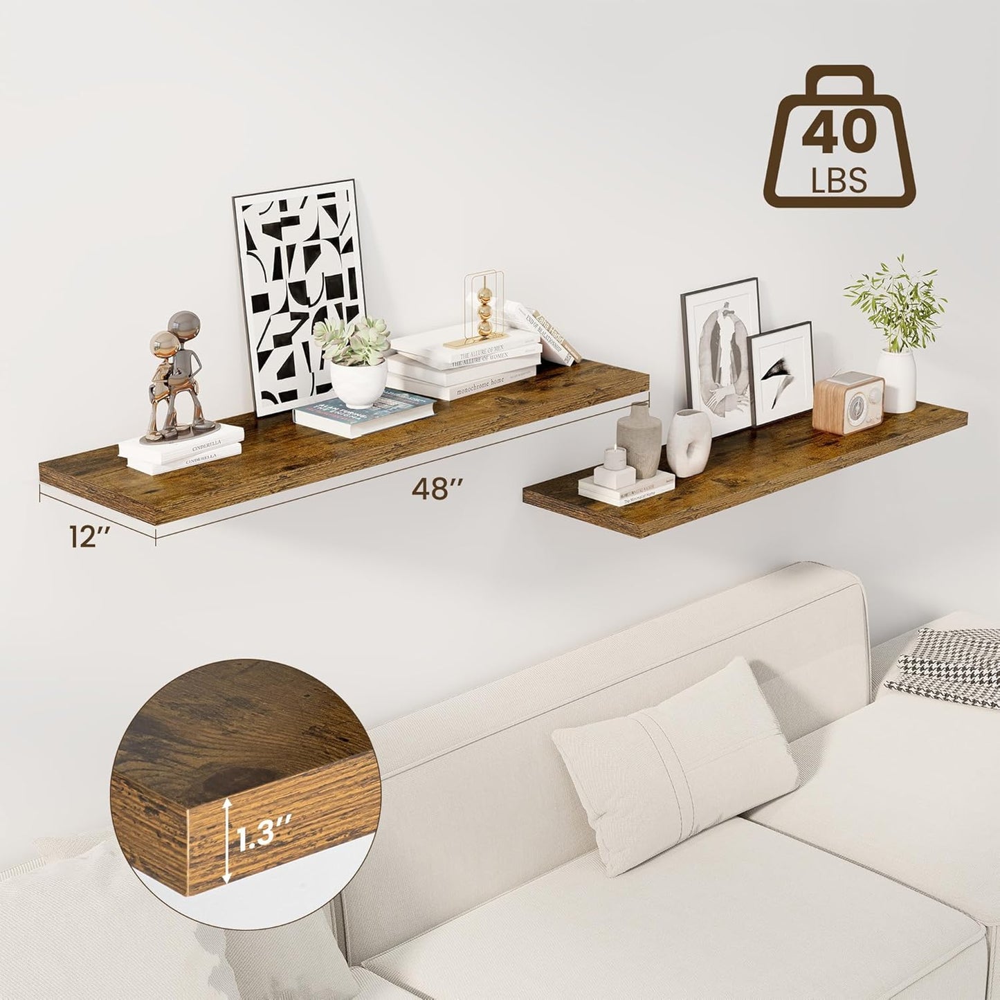 48" Floating Shelves for Wall, 12" Deep Slim Rustic Brown Floating Shelves, Wall-Mounted Shelves for Bedroom, Living Room, Kitchen, Bathroom - Set of 2