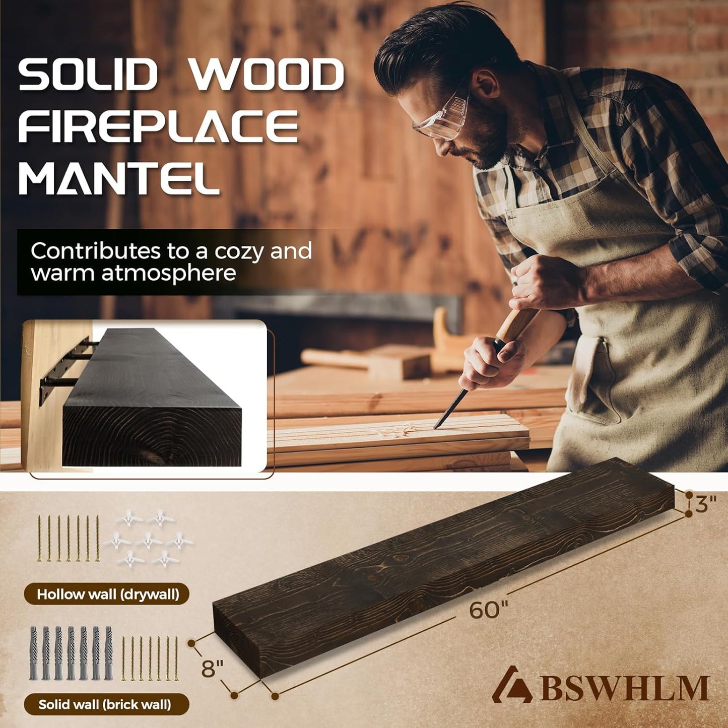 60x8x3 Fireplace Mantel - Solid Rustic Wood - Wall Mounted Floating Shelf with Invisible Heavy Duty Steel Bracket (Weathered Black)