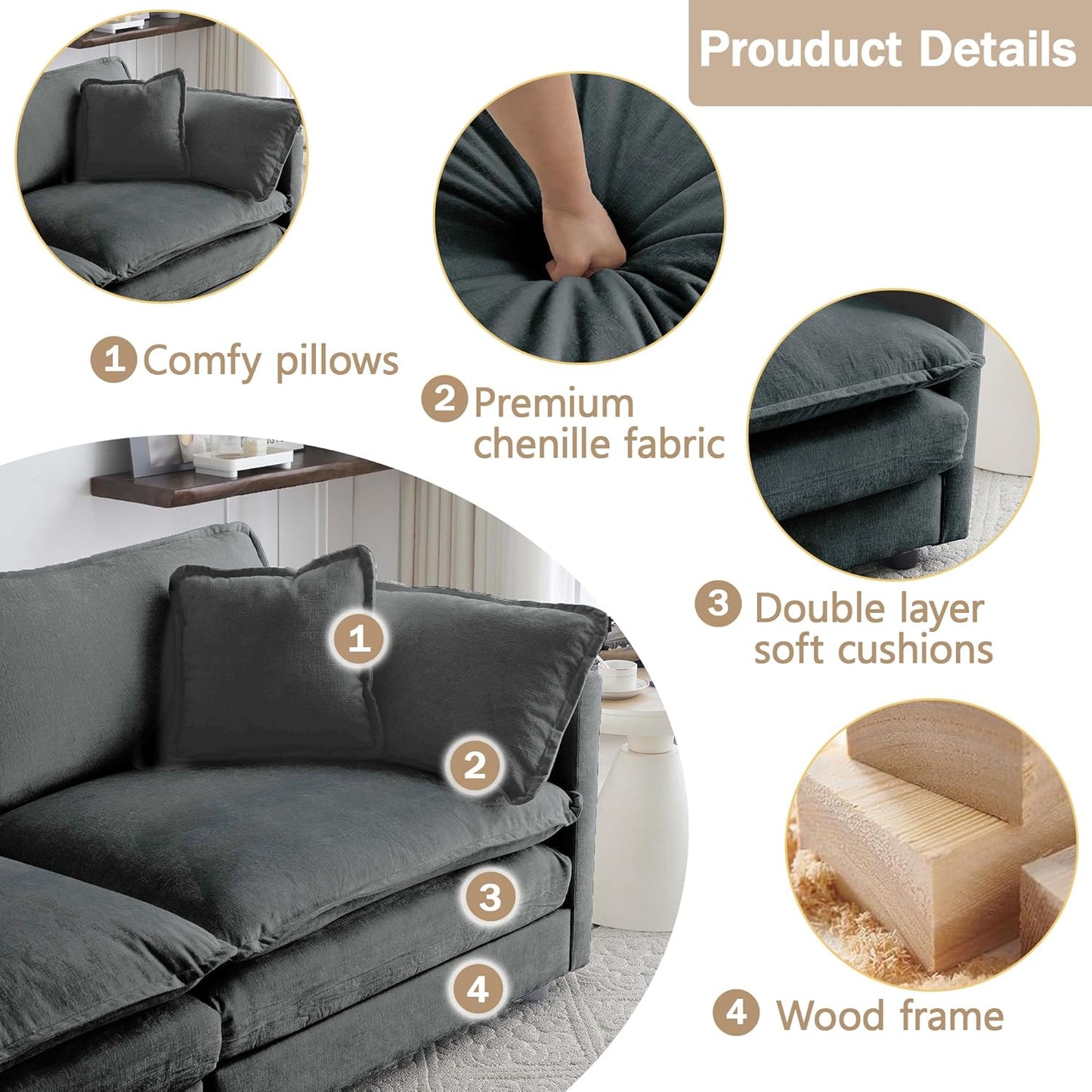 Sectional Sofa 4 Seater with Movable 1 Ottoman,Oversized Modular Couch Deep Seat (Grey, 146.5 inch-L)