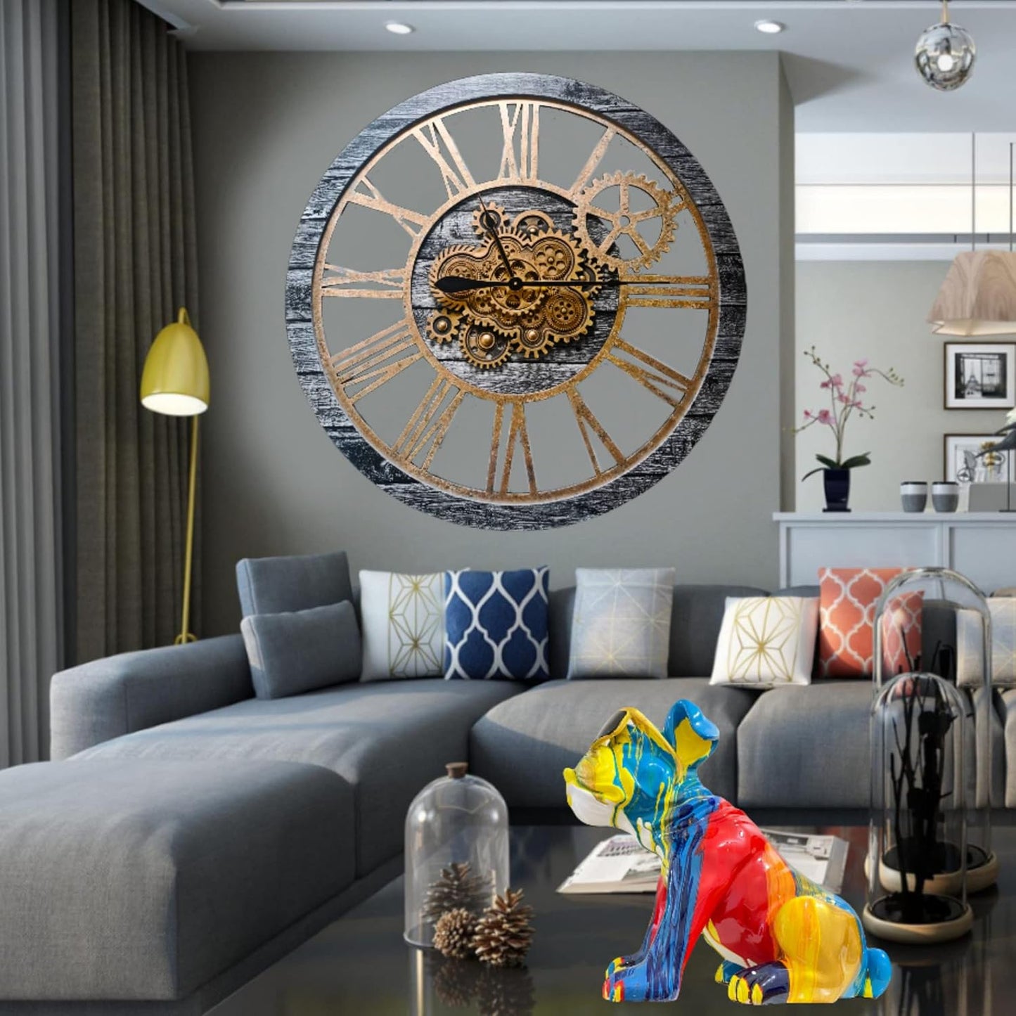 The Gears Clock 36'' Inch Real Moving Gear Wall Clock Vintage Industrial Oversized Rustic Farmhouse (Vintage Carbon Grey and Bronze)