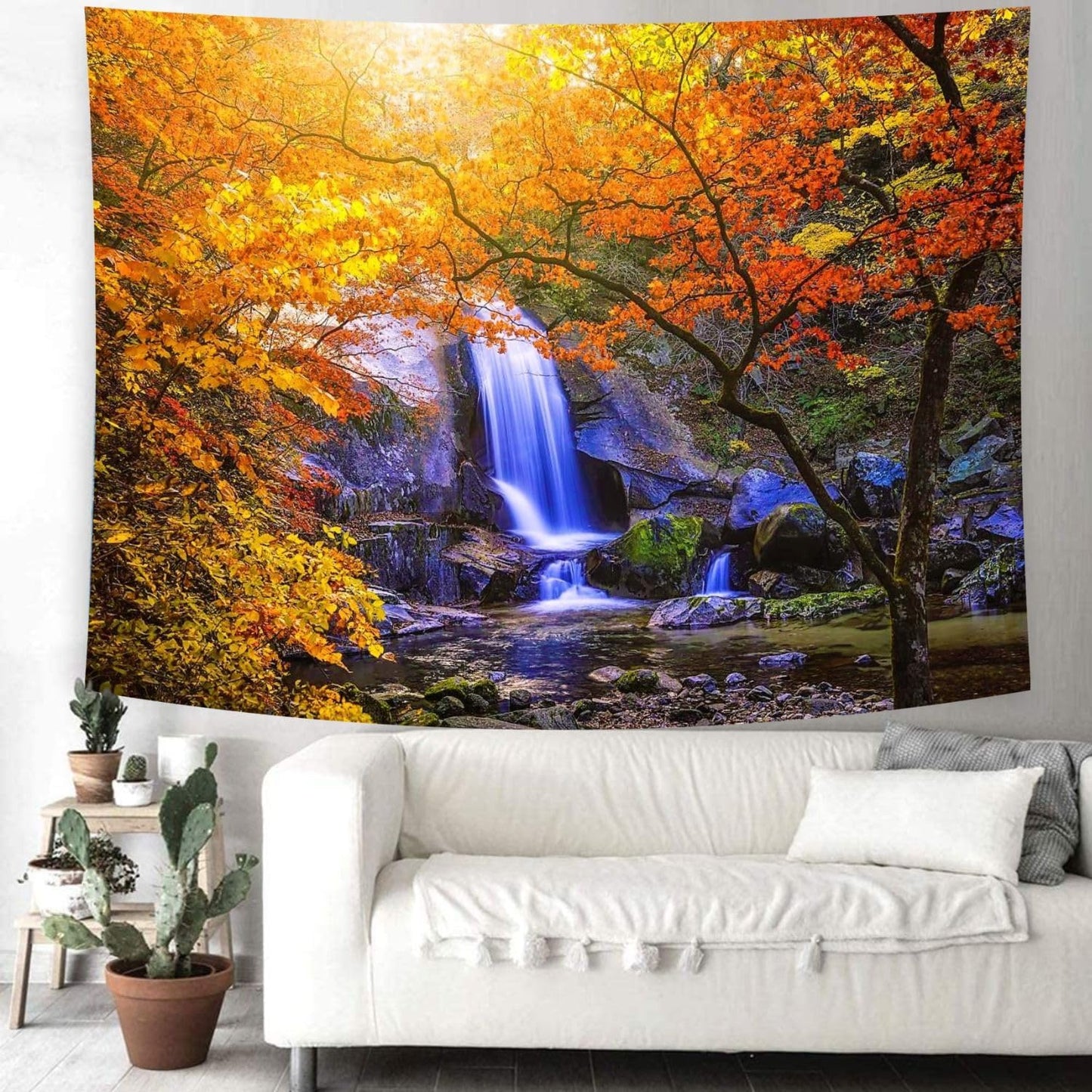 Delur Waterfall Tapestry Forest Nature Scenic Tree Mountain Sunset Tapestry Wall Hanging Natural Landscape Sunrise Headboard for Bedroom Living Room Home Decor (59.1" x 78.7")