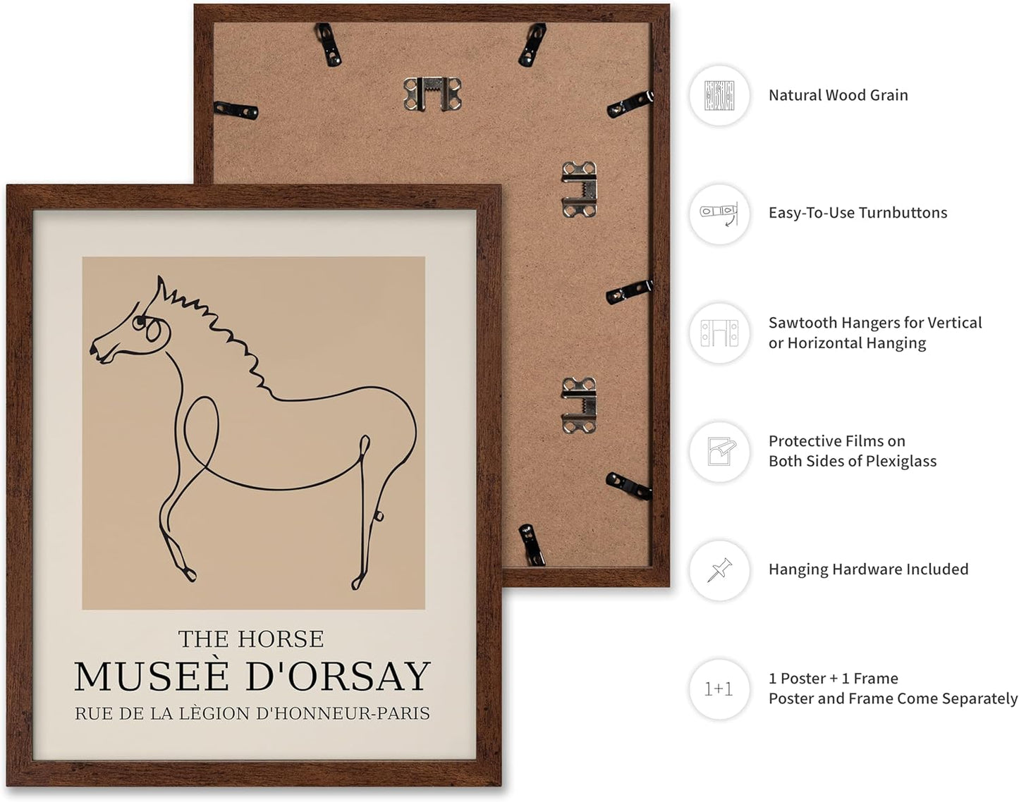 Poster Master Vintage Poster - Retro Minimalist Print - Gift for Artist, Friend - Horse, Line Drawing, Sketch, Abstract - Wall Decor for Living Room, Bedroom, 8x10 Brown Framed