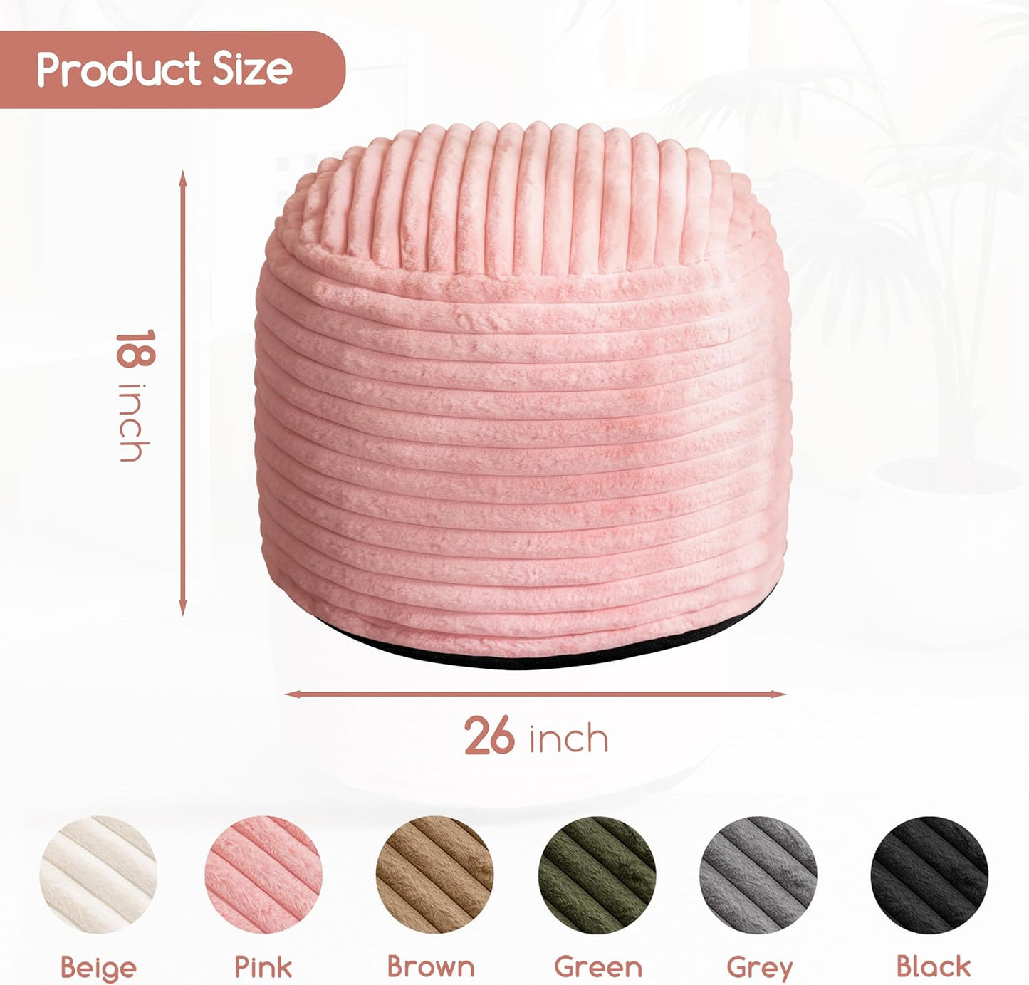 HIGOGOGO Round Stuffed Pouf Ottoman, Stripe Faux Fur Poufs with Foam Chunk Filling, Furry and Fluffy Pouf Foot Stool Storage Ottoman, 26 X 18 Floor Poufs Foot Rest for Living Room, Pink