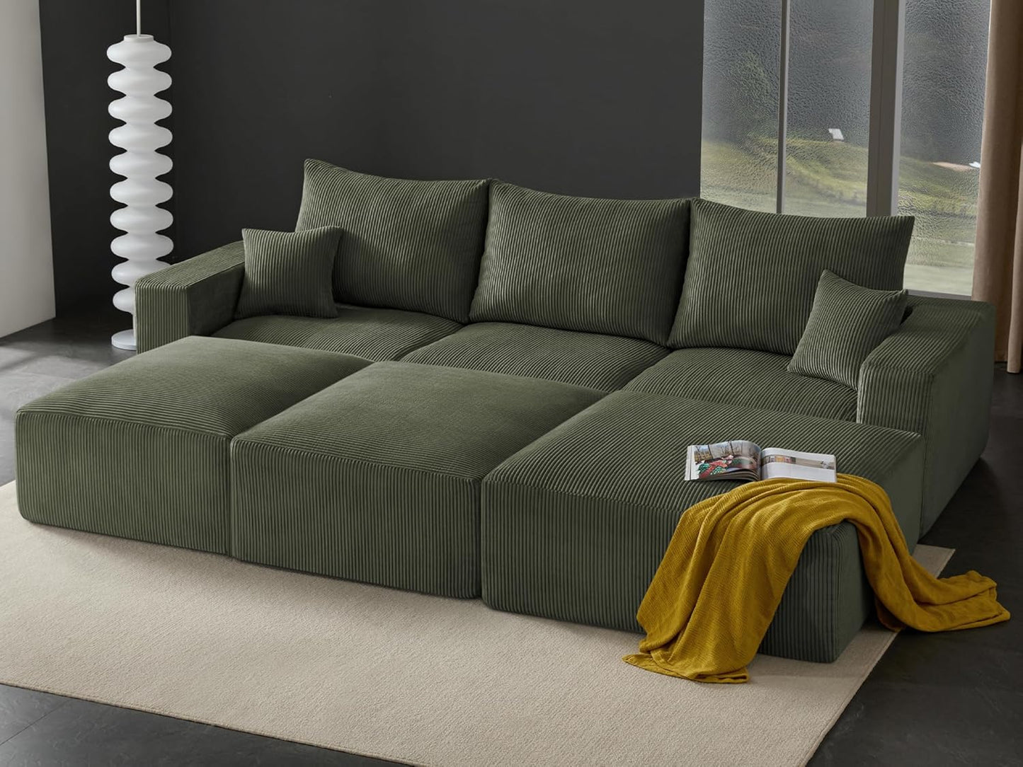 Boneless Sectional Cloud Couch Sofa Bed for Living Room, 112" Modular Modern Lounge 3 Seater Sleeper Green Couches with Chaise, No Assemble, Cordury Compression Upholstered Sofas