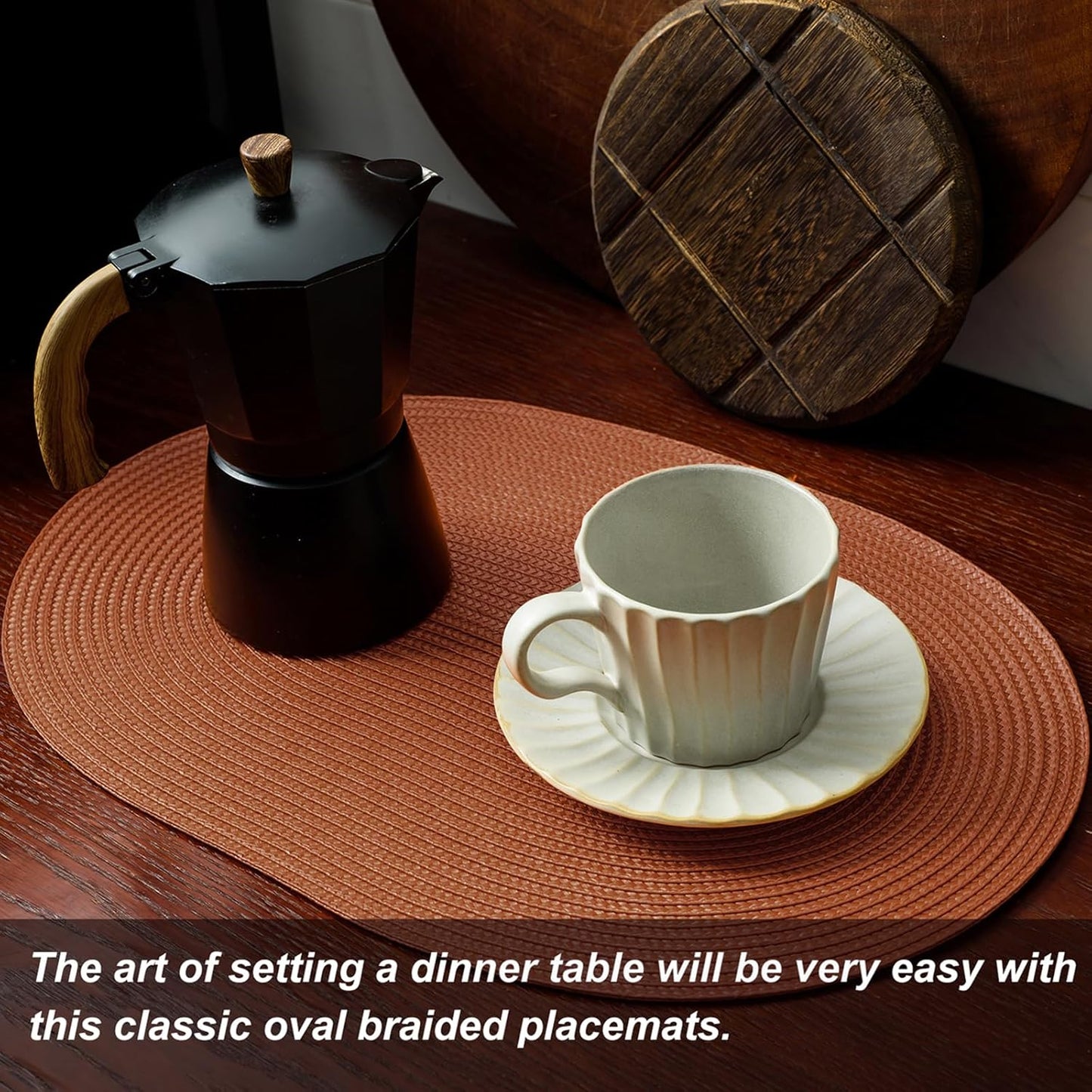 AHHFSMEI Placemats Set of 4 for Dining Table Washable Woven Vinyl Non-Slip 18x12 inches Placemat Heat-Resistant Durable Table Mats for Dining Table Easy to Clean (Burnt Orange 4)