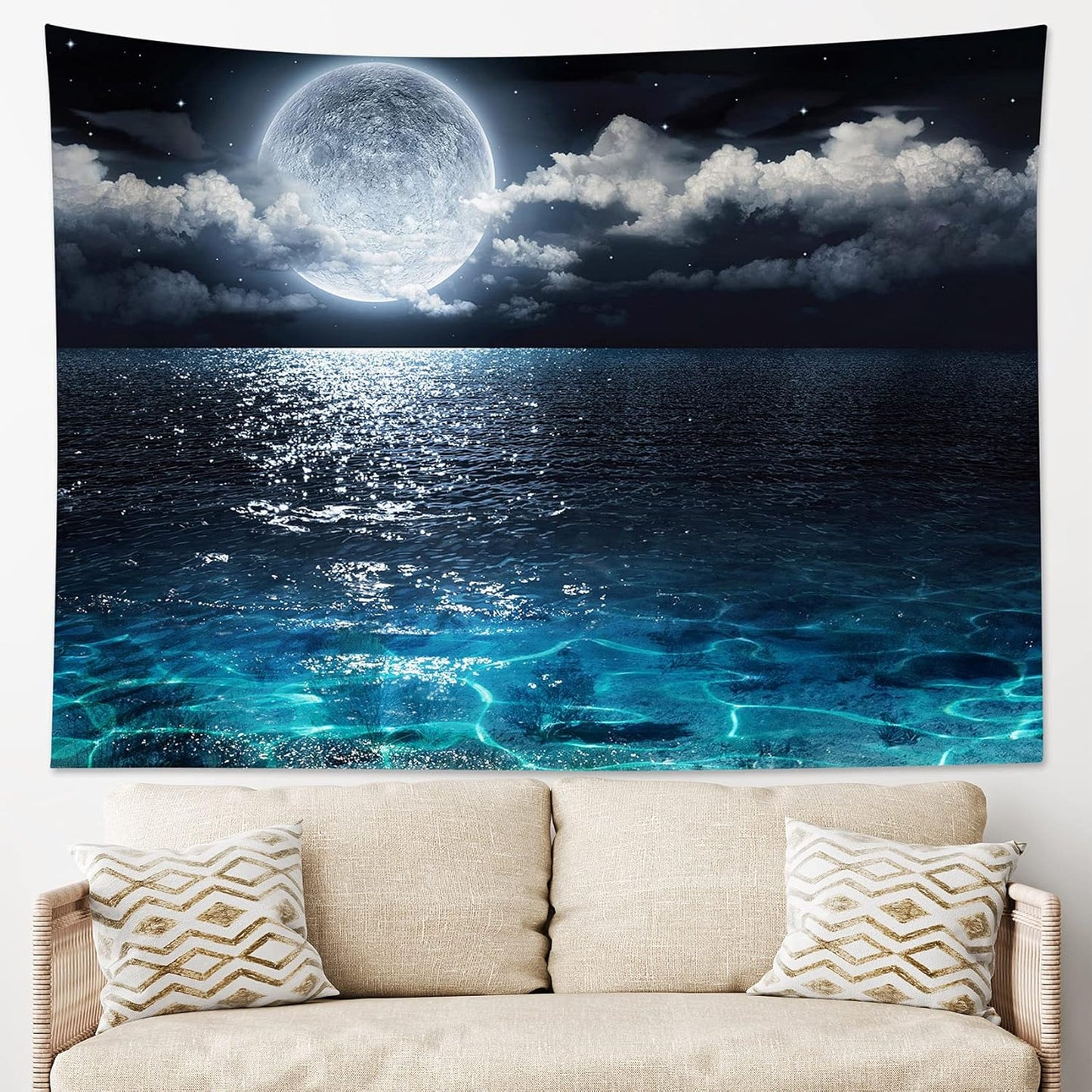 LB Night Sky Ocean Tapestry Full Moon on Sea Tapestry Wall Hanging Fantasy White Cloud Watercolor Wall Art for Bedroom Living Room Dorm Wall Decor, 59Wx51H inches