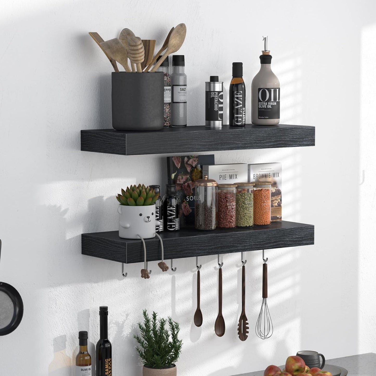 Fun Memories Floating Shelves - 16 Inch Rustic Black Wall Shelf - Wall Mounted Shelves for Wall Decor Storage - Wooden Shelves with Invisible Brackets for Living Room, Bedroom, Kitchen, 2 Pack