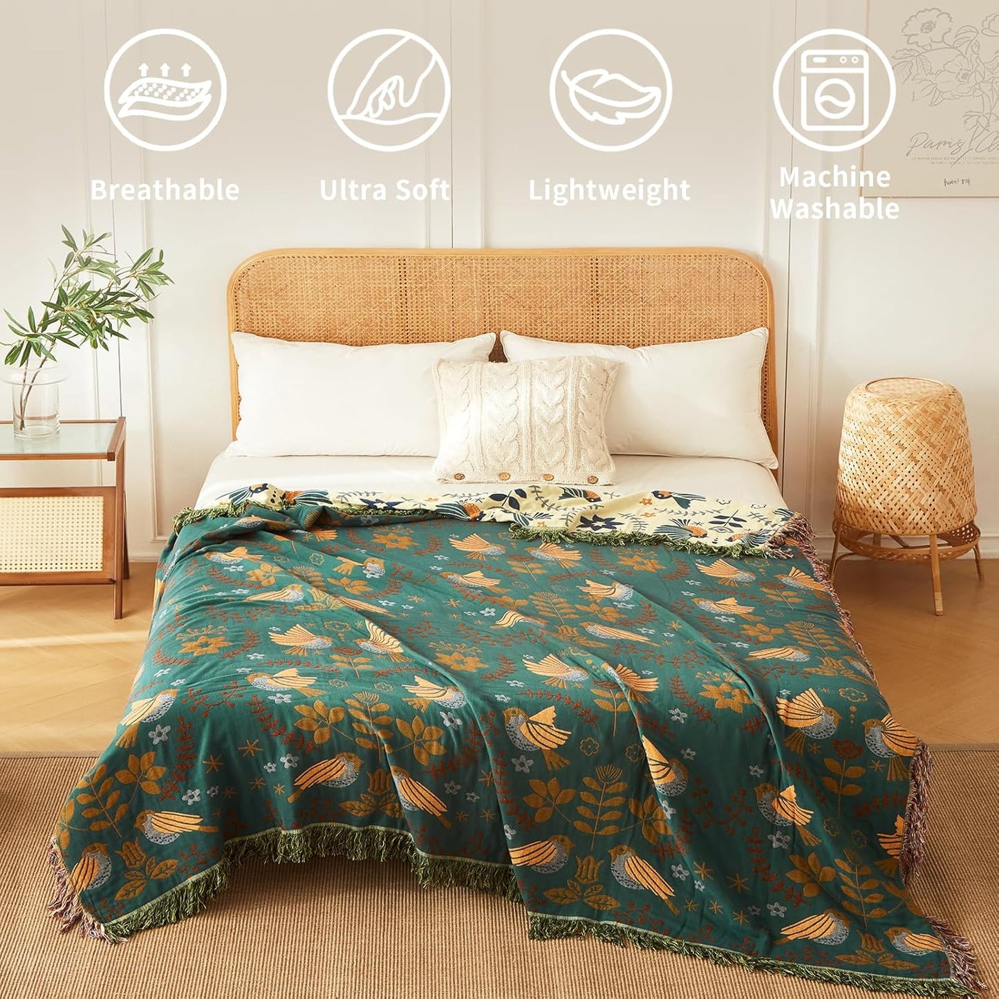 Cotton Throw Blanket Ultra Soft Bed Throw Reversible Queen Size Blanket for Bed Farmhouse Decor Sofa Cover Multifunctional use (60"x80",01-Cute Bird)