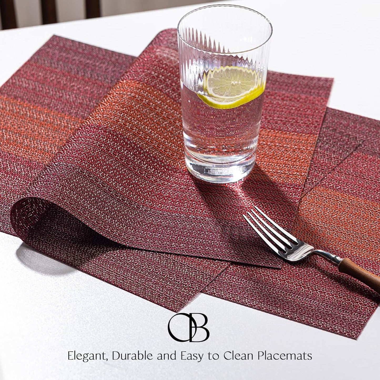 Placemats Set of 8 - Easy Clean Woven Vinyl Placemats for Dining Table, Indoor/Outdoor Place Mats, Washable PVC Table Mats（Pomegranate Parade）