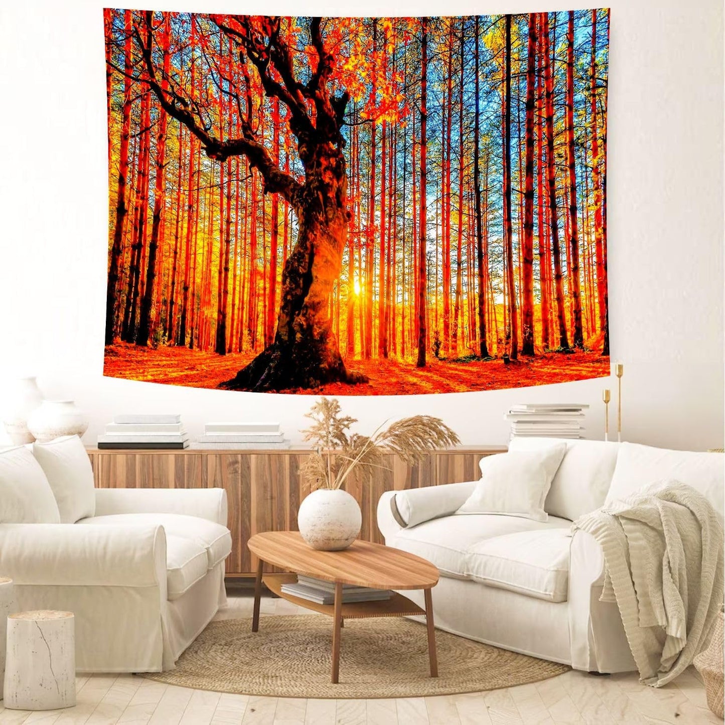 Delur Sunset Forest Tapestry Tree of Life Tropical Rainforest Landscape Tapestry Wall Hanging Scenic Nature Woodland Natural Sunrise Headboard for Bedroom Living Room Home Decor (59.1" x 78.7")