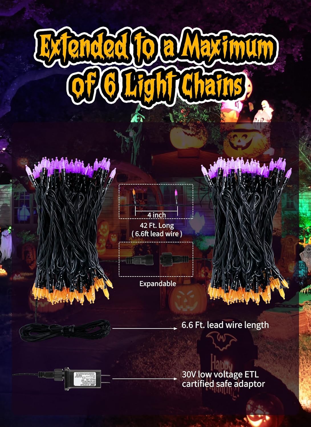 Outdoor Halloween Lights, 39Feet 100 LED Mini Lights with 8 Lighting Modes, Connectable Halloween String Light Plug in for Garden Patio Party Haunted House Ghost Holiday Decoration, Orange & Purple