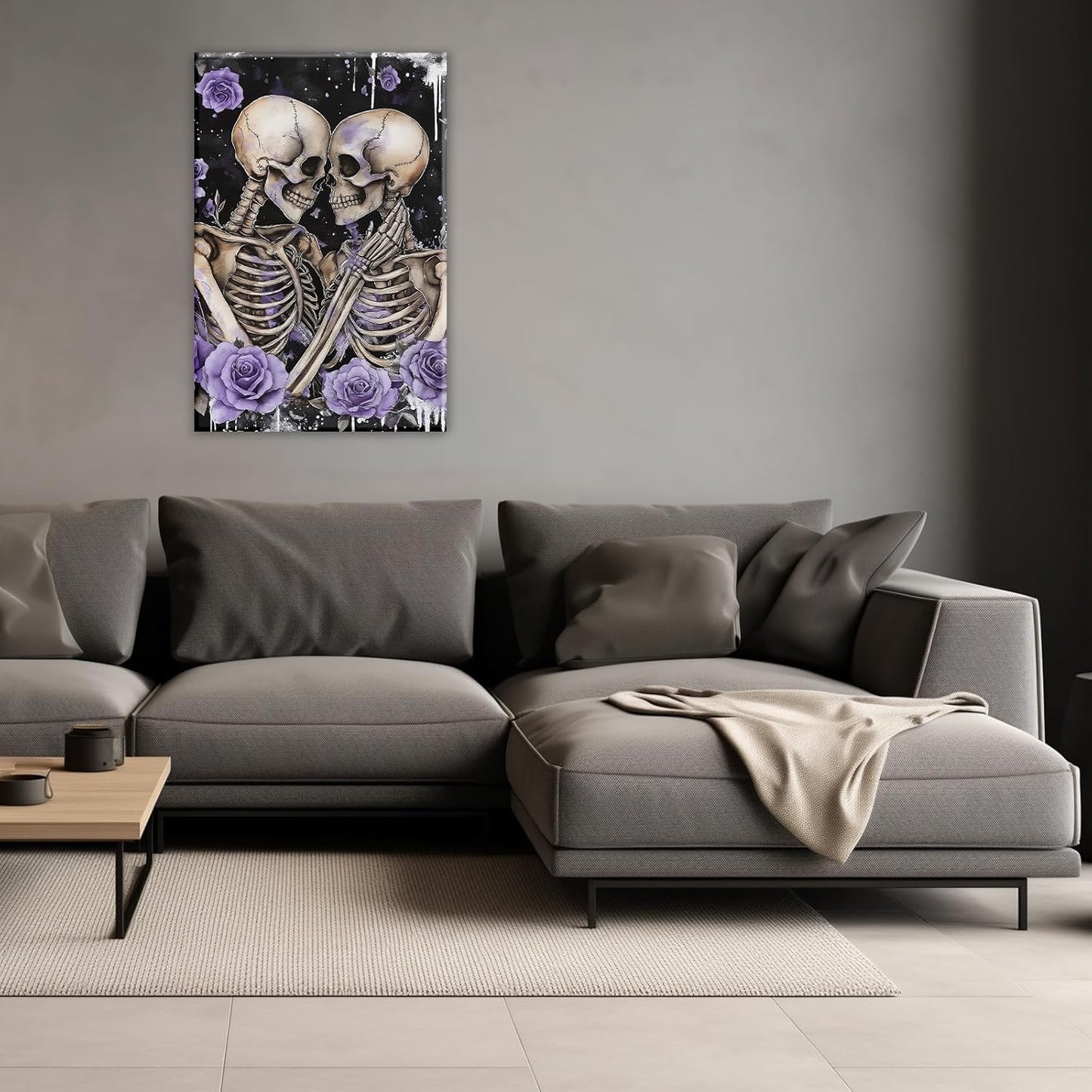 Skull Canvas Wall Art Couple Skeleton Holding Each Other Picture Art Poster Abstract Lover Painting Modern Artwork Horrible Halloween Decor(Artwork-2,16"x24")