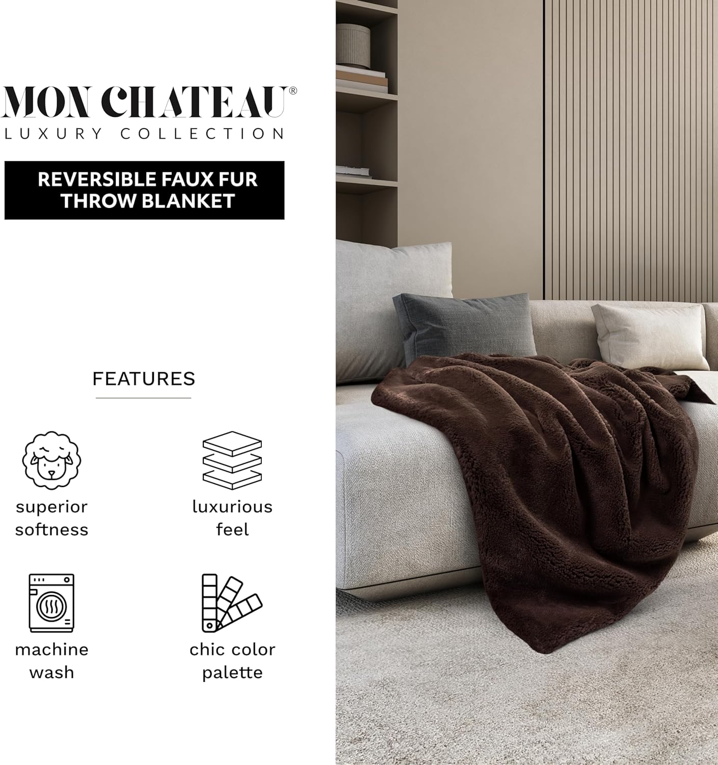Mon Chateau Luxury Ultimate Plush Faux Fur Throw with 6cm Foldover for Couch, Sofa, or Bed - Plush Ultra Soft Blanket for Sleeping or Home Décor, 60" x 70" (Foldover Brown)
