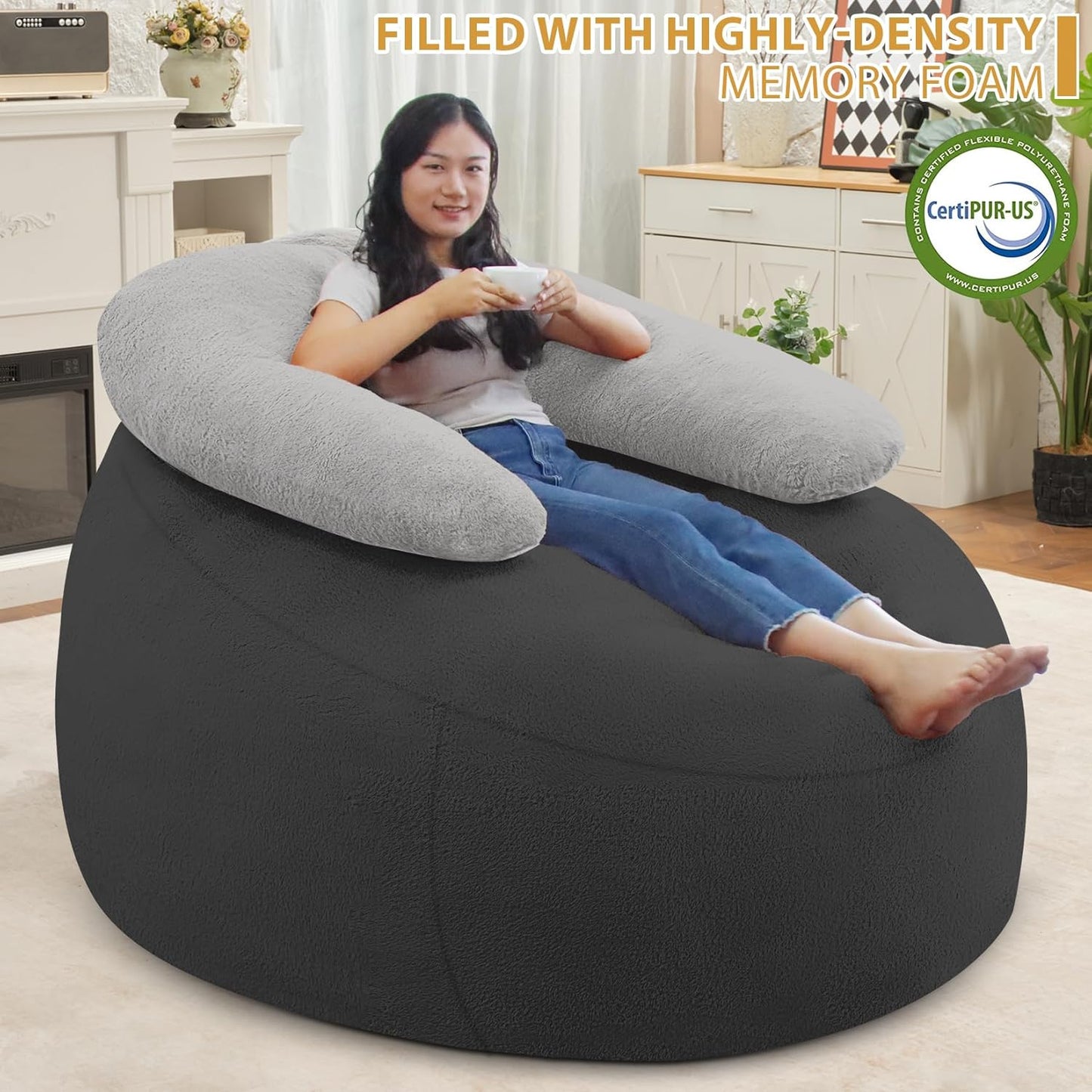 HABUTWAY Bean Bag Chair with U-shaped Pillow for Adult and Kids Big BeanBag Chair with Filling Ultra Soft Faux Fur Couch Chair with Washable Cover for Living Room Bedroom Office, Dark Grey& Light Grey