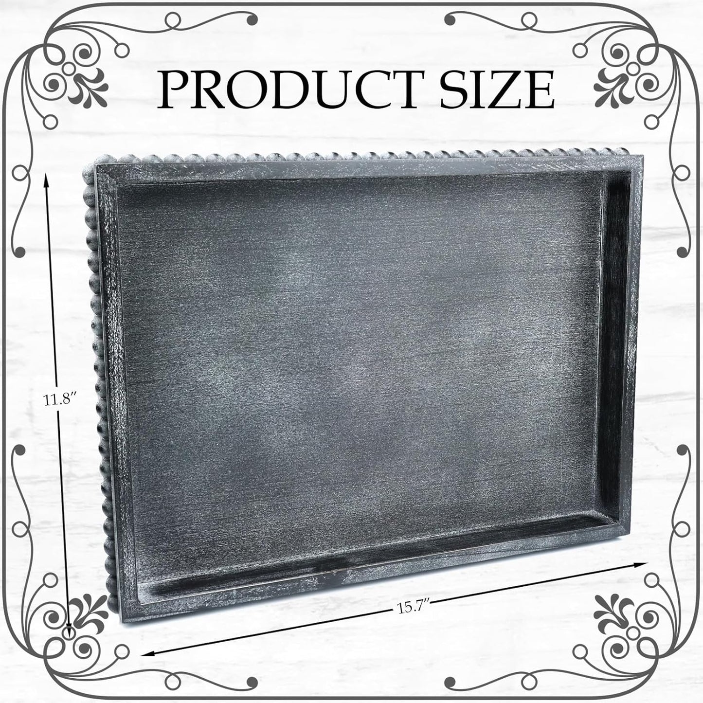 Rectangle Wood Serving Tray with Beads, Black Washed Wooden Decorative Tray for Entertaining, Decoration, and Gifting