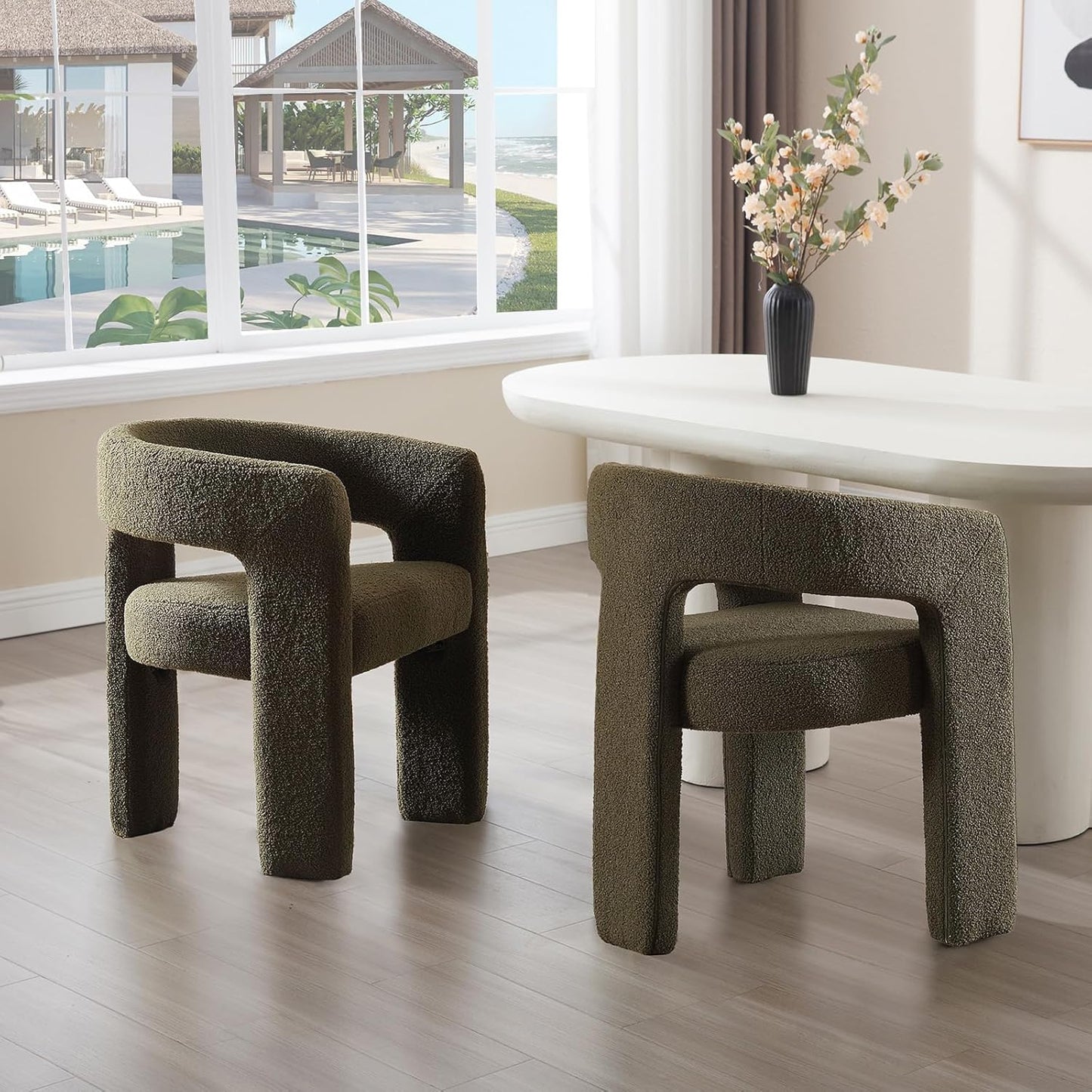 Green Sherpa Dining Chairs Set of 2, Modern Barrel Dining Room Chairs Upholstered Faux Fur Accent Chair with Arms and Round Back for Living Room Kitchen Armchair No Assembly Needed