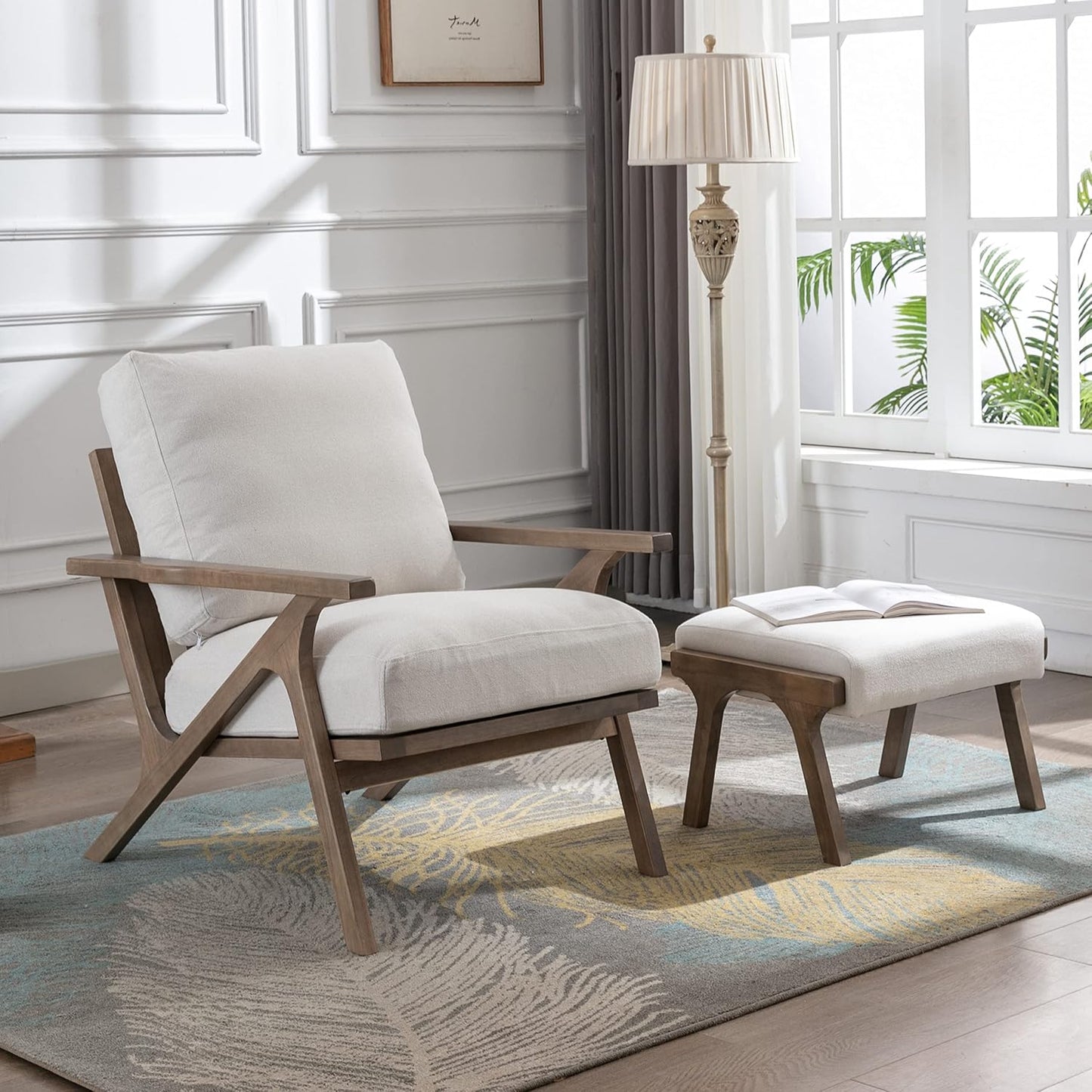 chairus 2 Sets Mid-Century Modern Accent Chairs with Ottoman, Linen Fabric Armchair with Wood Legs Comfy Upholstered Single Sofa Chair for Living Room/Bedroom/Lounge, White