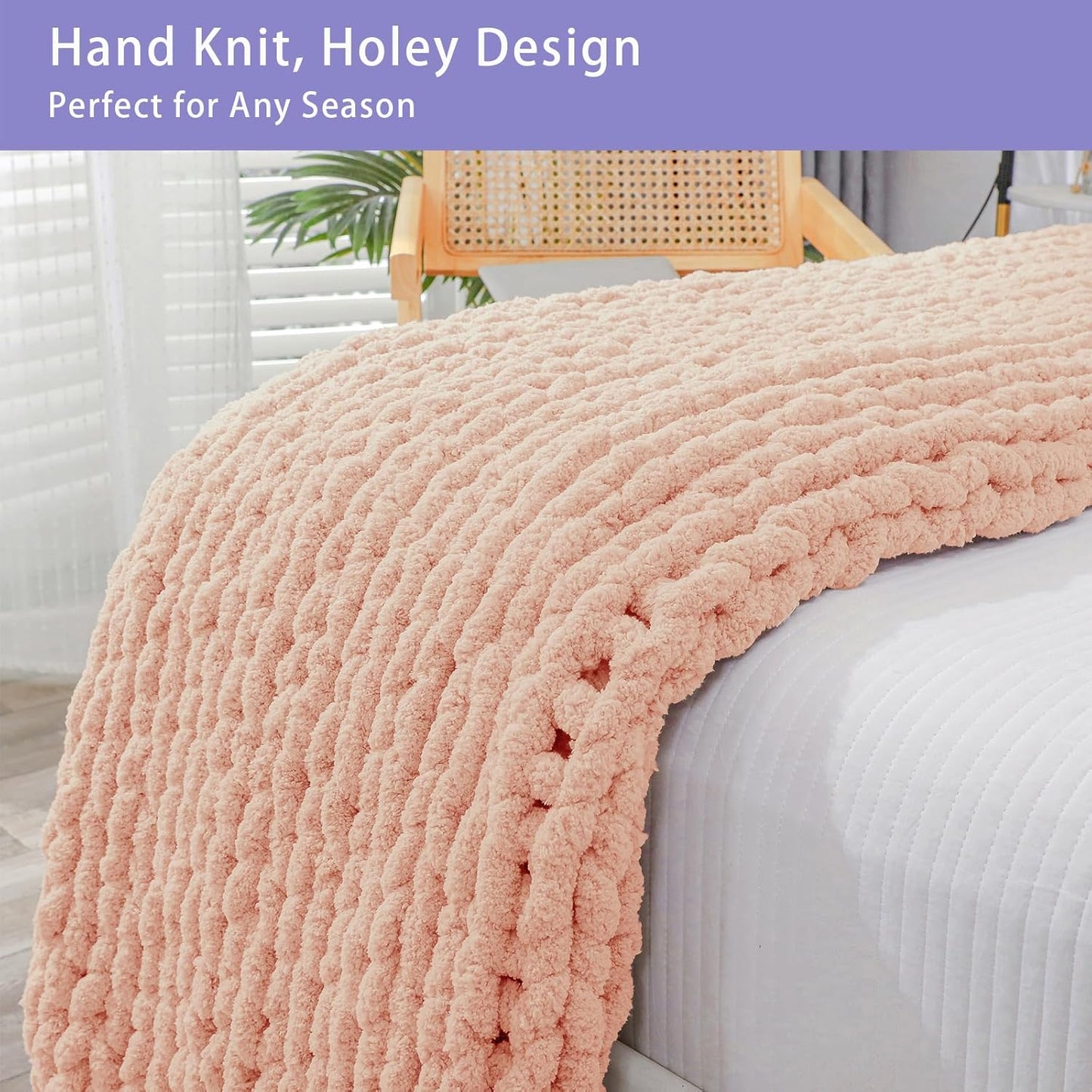 Bigacogo Chunky Knit Throw Blanket for Couch, 51x63 inches, 100% Hand Knitted with Thick Jumbo Chenille Yarn, Cozy Soft Large Rope Knot Cable Crochet Blankets for Sofa Bed Living Room, Peach Fuzz