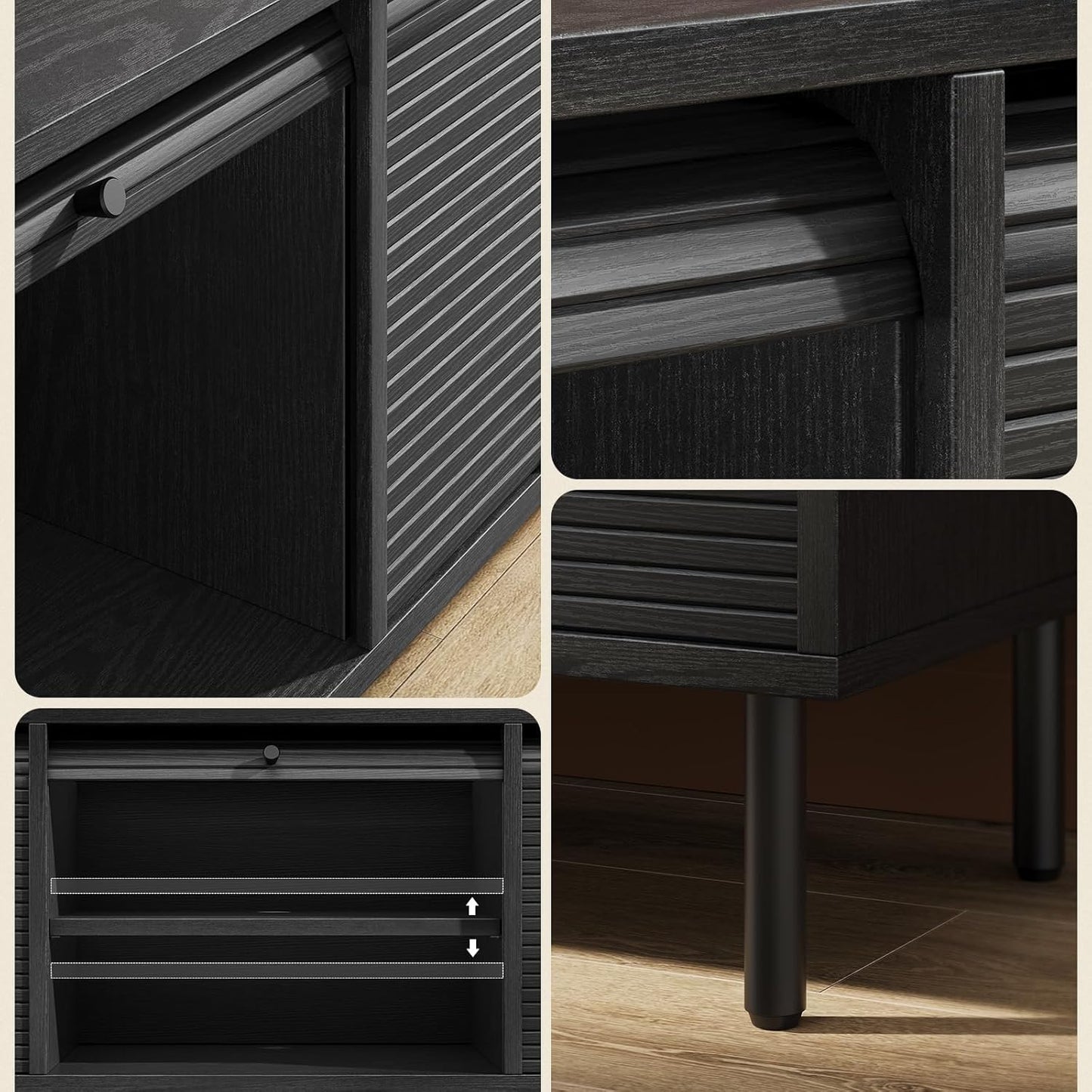 59 Inch TV Stand with Power Outlet for TVs up to 65 Inch, Entertainment Center with Storage, Mid-Century Modern TV Console, Adjustable Shelf & Sliding Doors, TV Stand for Living Room, Bedroom, Black