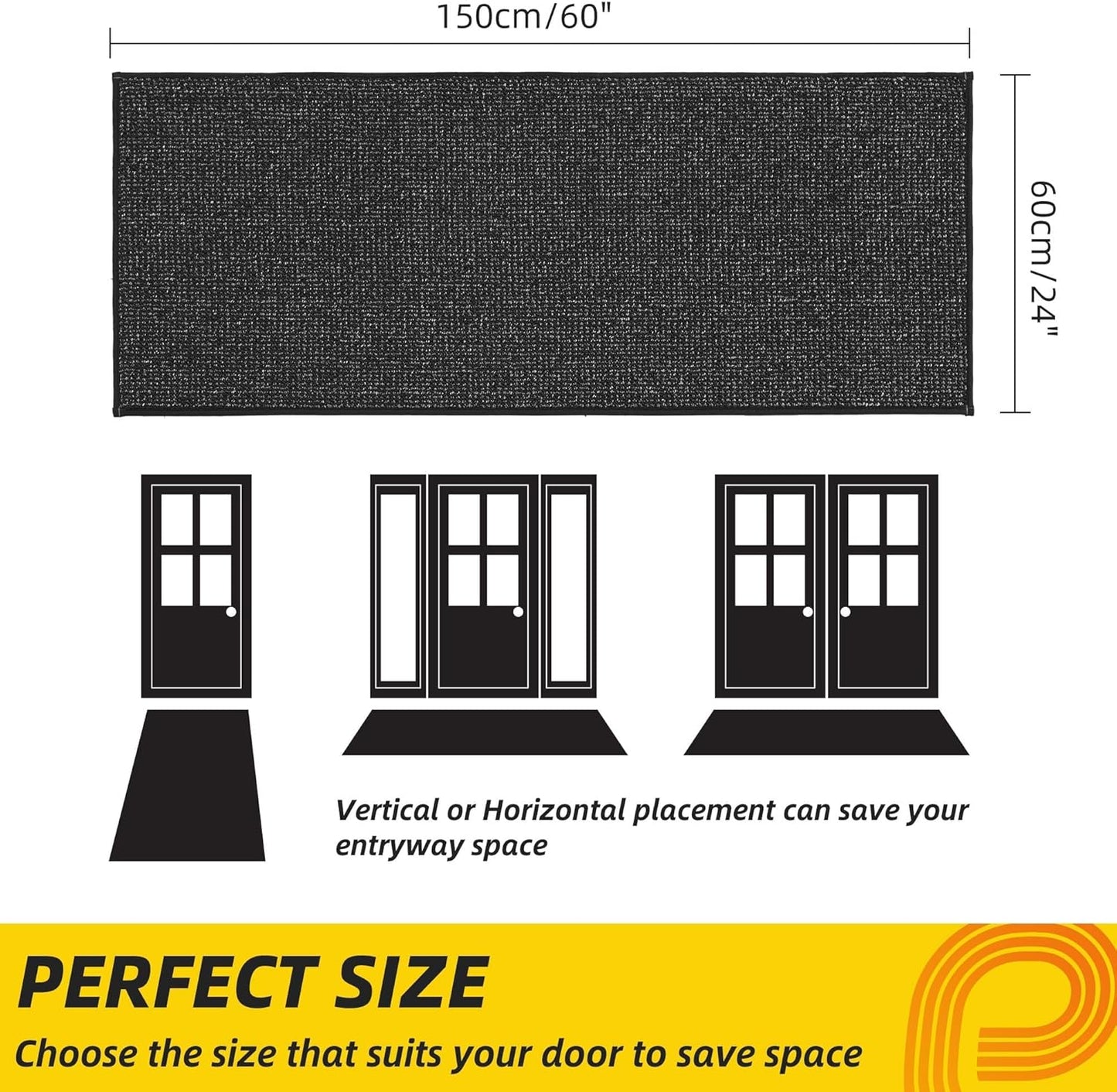 JSEI Dirt Trapper Door Mat 24"x60" Non-Slip Washable Entrance Mat, Dog Doormats, Absorbent & Fade-Resistant Floor Mats, Low Profile Welcome Mats for Entryway, Front Door, and Inside Entrance, Black