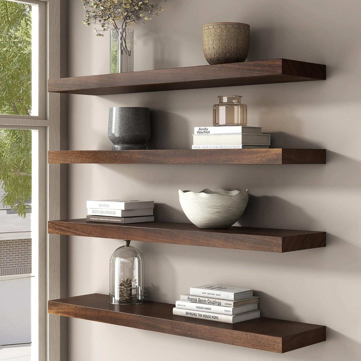 Floating Shelves for Wall, USA-Sourced Walnut Wood 24 Inch Wall Shelves Set of 2, Natural Wooden Wall Mounted Picture Ledge Shelf, Nursery Book Storage Shelf Kids Bookshelf, Display Shelf for Bathroom