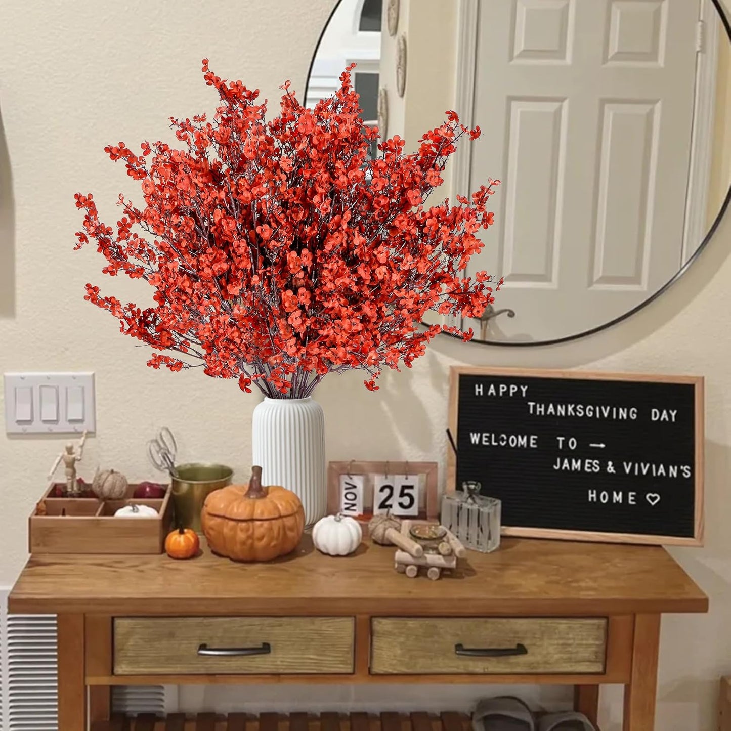 Sggvecsy 15 Pcs Babys Breath Artificial Flowers Gypsophila Bouquets Bulk Real Touch Fake Silk Flowers for Home DIY Floral Arrangement Table Centerpiece Fall Thanksgiving Autumn Decoration (Orange Red)