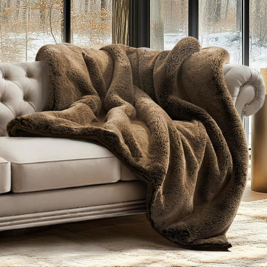 Luxury Soft Faux Chinchilla Fur Throw Blanket for Couch, Warm Thick Heavy Winter Throw Blanket 1220GSM for Bed, Fluffy Cozy Mink Blanket with Reversible Velvet, Brown Sable, 60"x80"