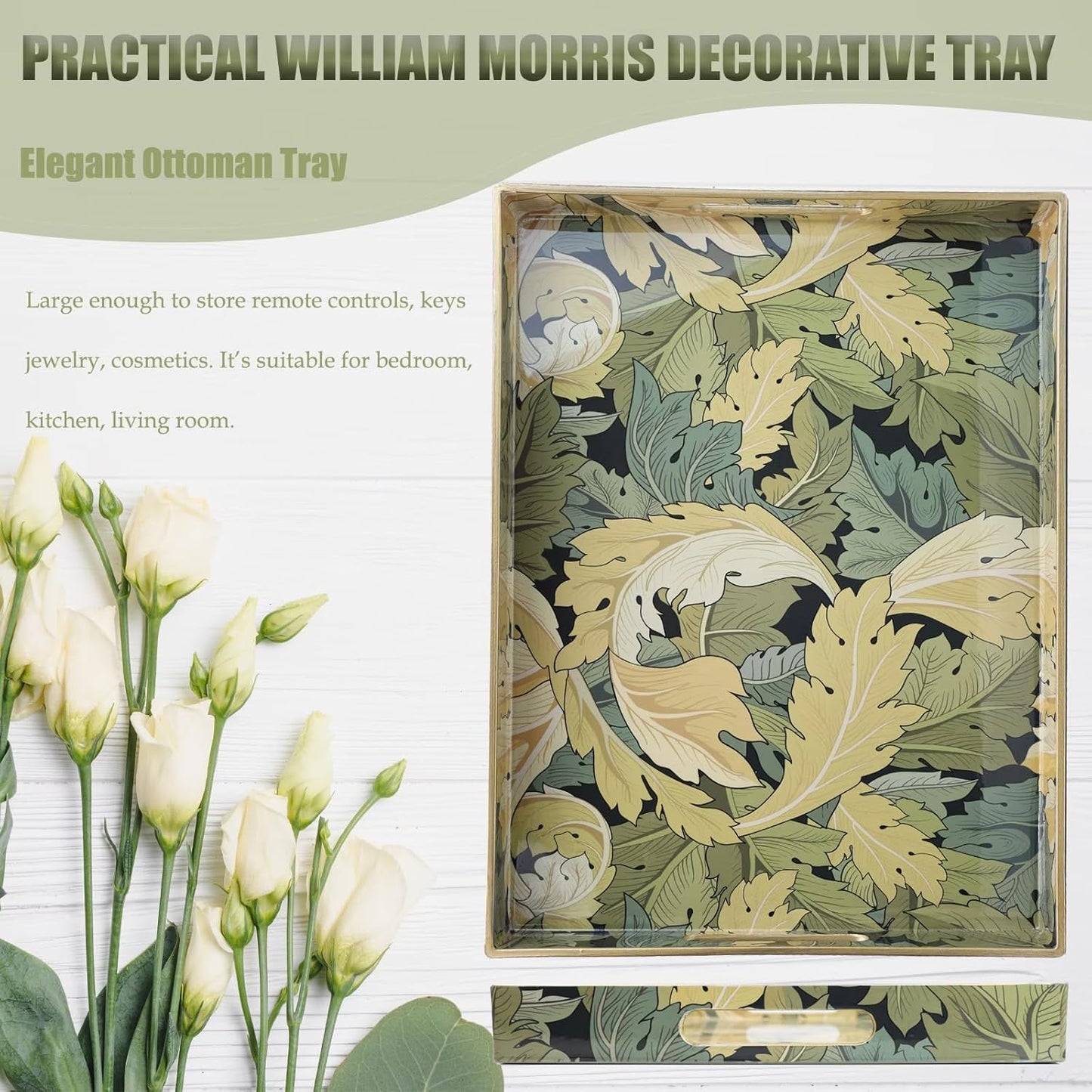 Spsyrine Serving Tray with Handles, Plastic Decorative Tray for Coffee Table, Living Room, Home Decor, Acanthus