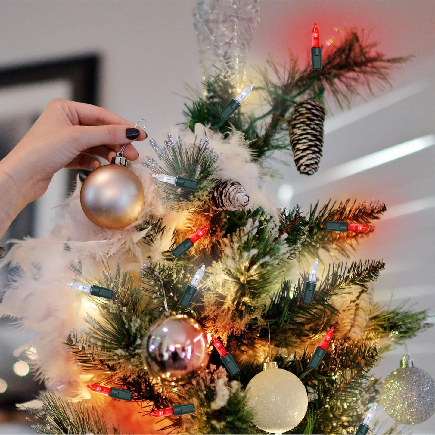 WATERGLIDE 2 Pack 50 LED Outdoor Christmas Lights, 16FT Battery Operated Mini String Lights with 8 Modes & Timer, Xmas Tree Lights Waterproof for Patio Garden Party Wedding Holiday Decor, Red & White