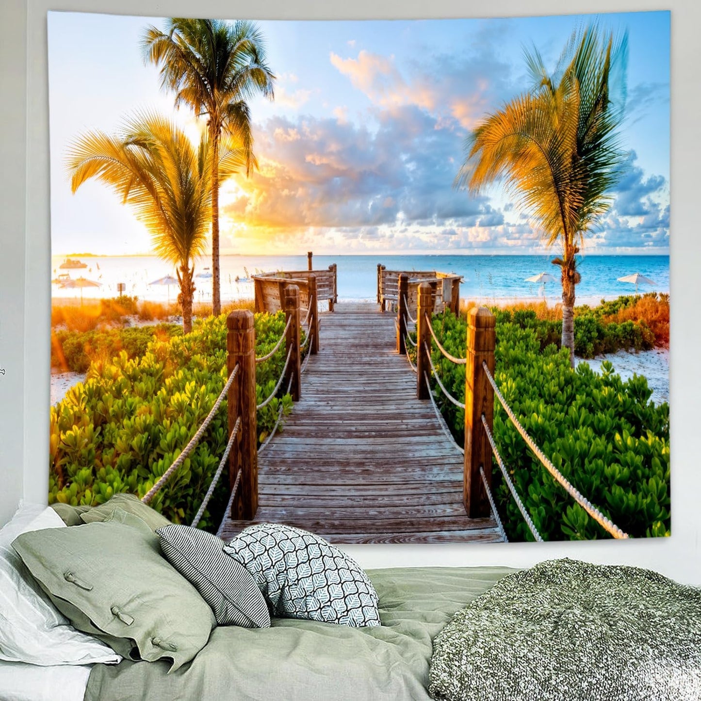 Delur Beach Sunset Tapestry Tropical Seaside Palm Tree Coastal Tapestry Wall Hanging Sunrise Nature Landscape Scenic Psychedelic Headboard for Bedroom Living Room Home Decor (59.1" x 78.7")