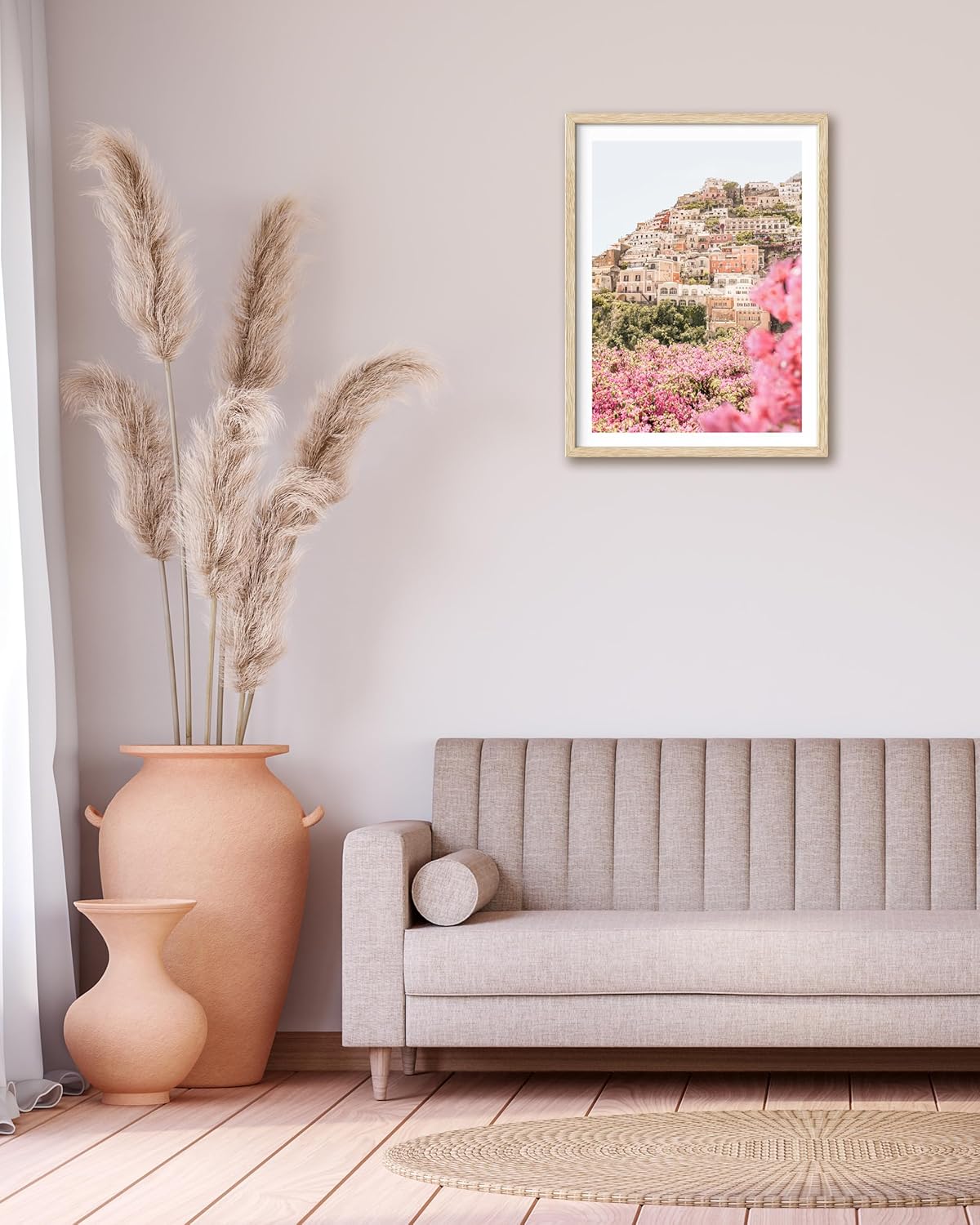 HesenDot Natural OAK Wood Amalfi Coast Framed Wall Art,12x16in Italy Beach Canvas Wall Print, Pink Flowers House Boho Wall Decor for Living Room,Bedroom,Office Gallery Gifts Set of 1