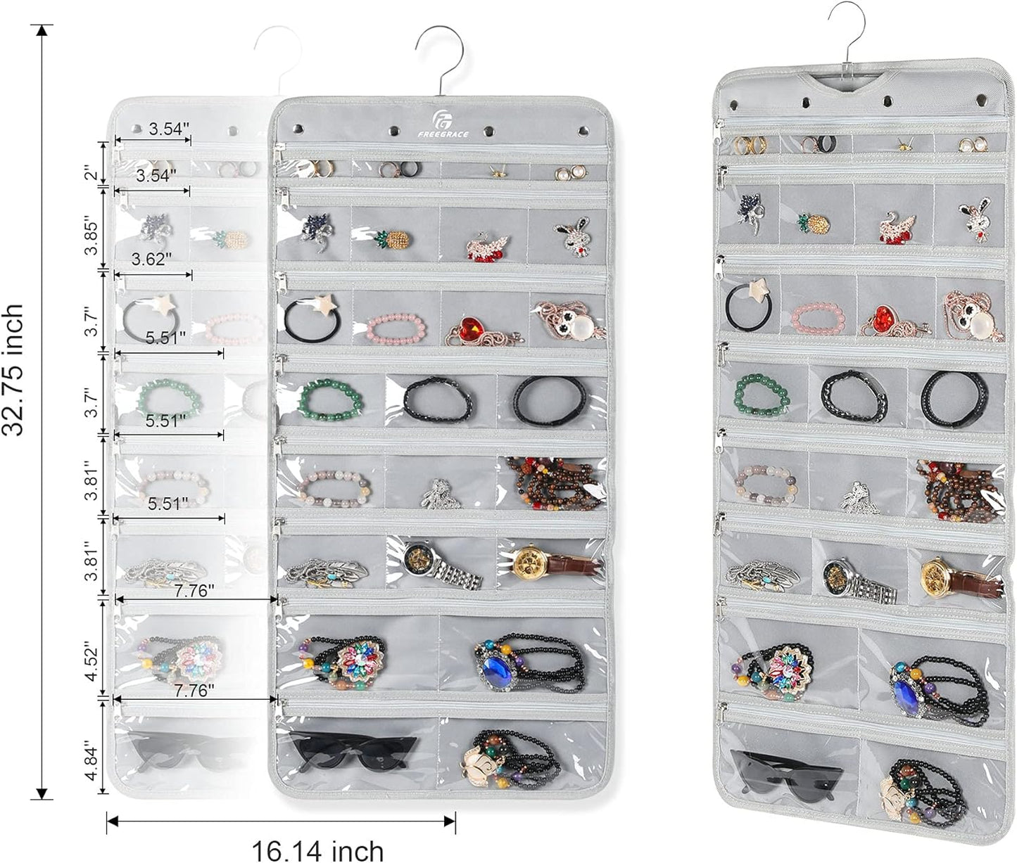 Freegrace Hanging Jewelry Organizer Revolving Hanger - Secure Zipper Closure - 50 Pockets - Foldable Storage & Display Solution - For All Jewelry & Bijoux (Gray)