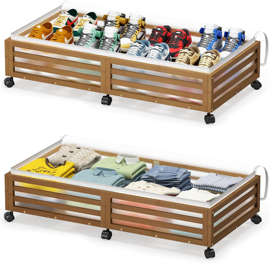 Under Bed Storage with Wheels-Large Bamboo Underbed storage Containers with Large Dust Bag Stackable Under the Bed Shoe Storage Bins for Clothes Books Bedding (2 Packs walnut, 33.07"L×16.54"W× 6.5"H)